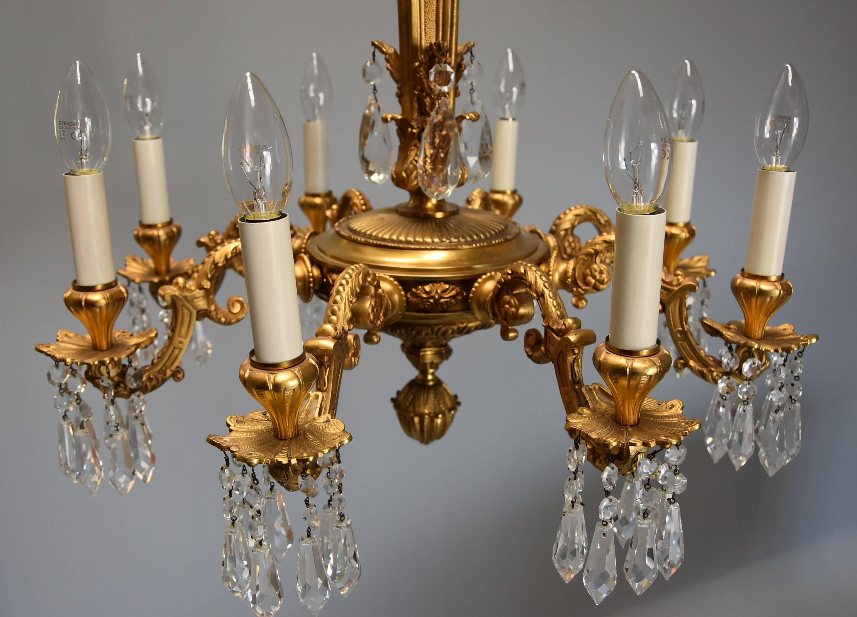 Fine Quality French Eight-Branch Ormolu and Cut Glass Chandelier In Good Condition For Sale In Suffolk, GB