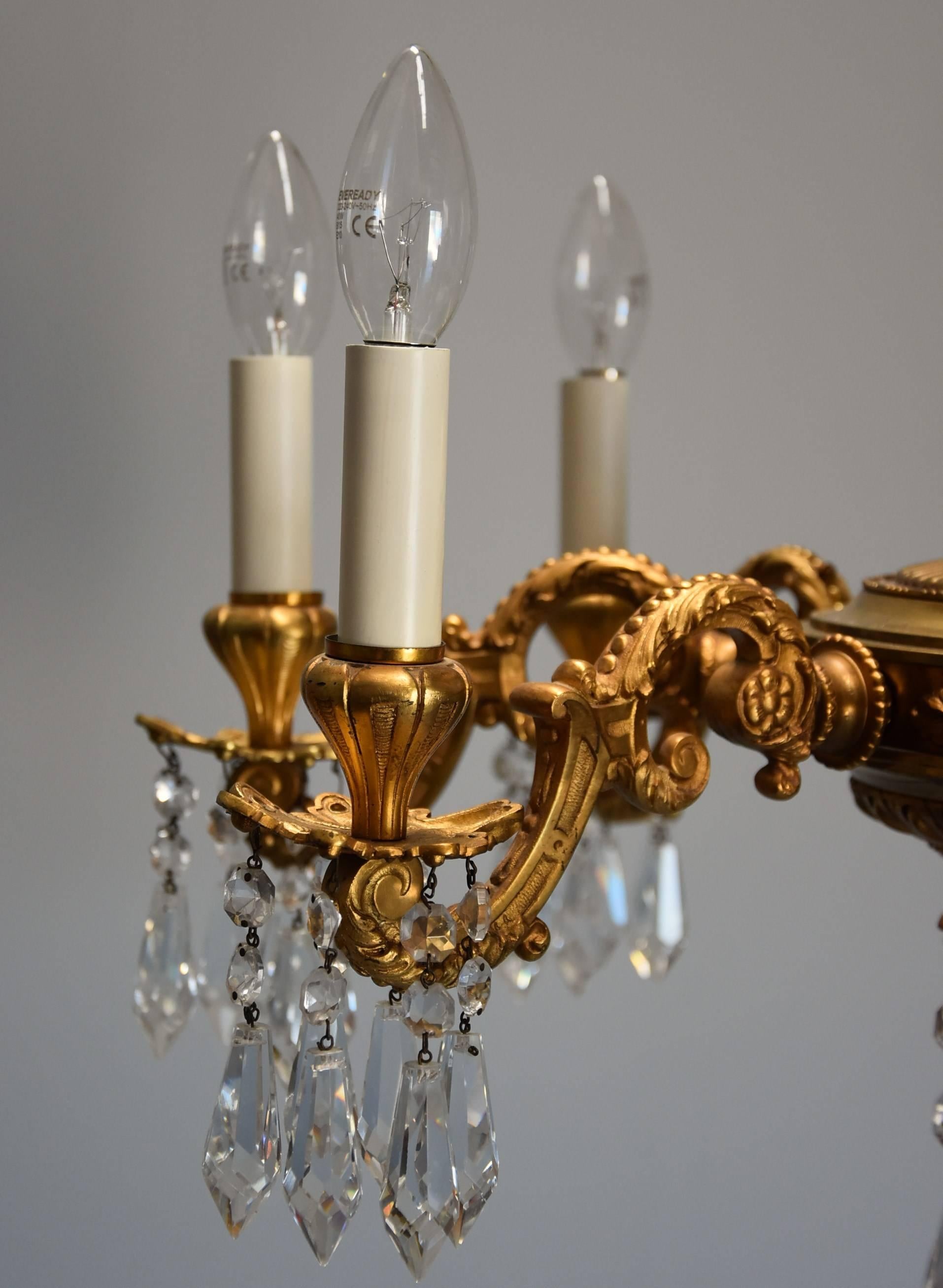 Fine Quality French Eight-Branch Ormolu and Cut Glass Chandelier For Sale 2