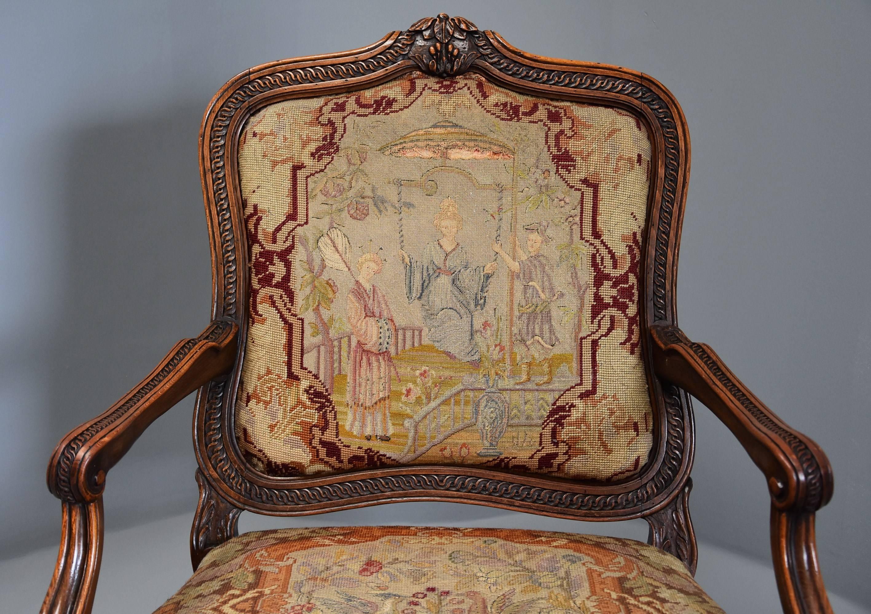 Tapestry Pair of 19th Century French Fauteuils of Large Proportion