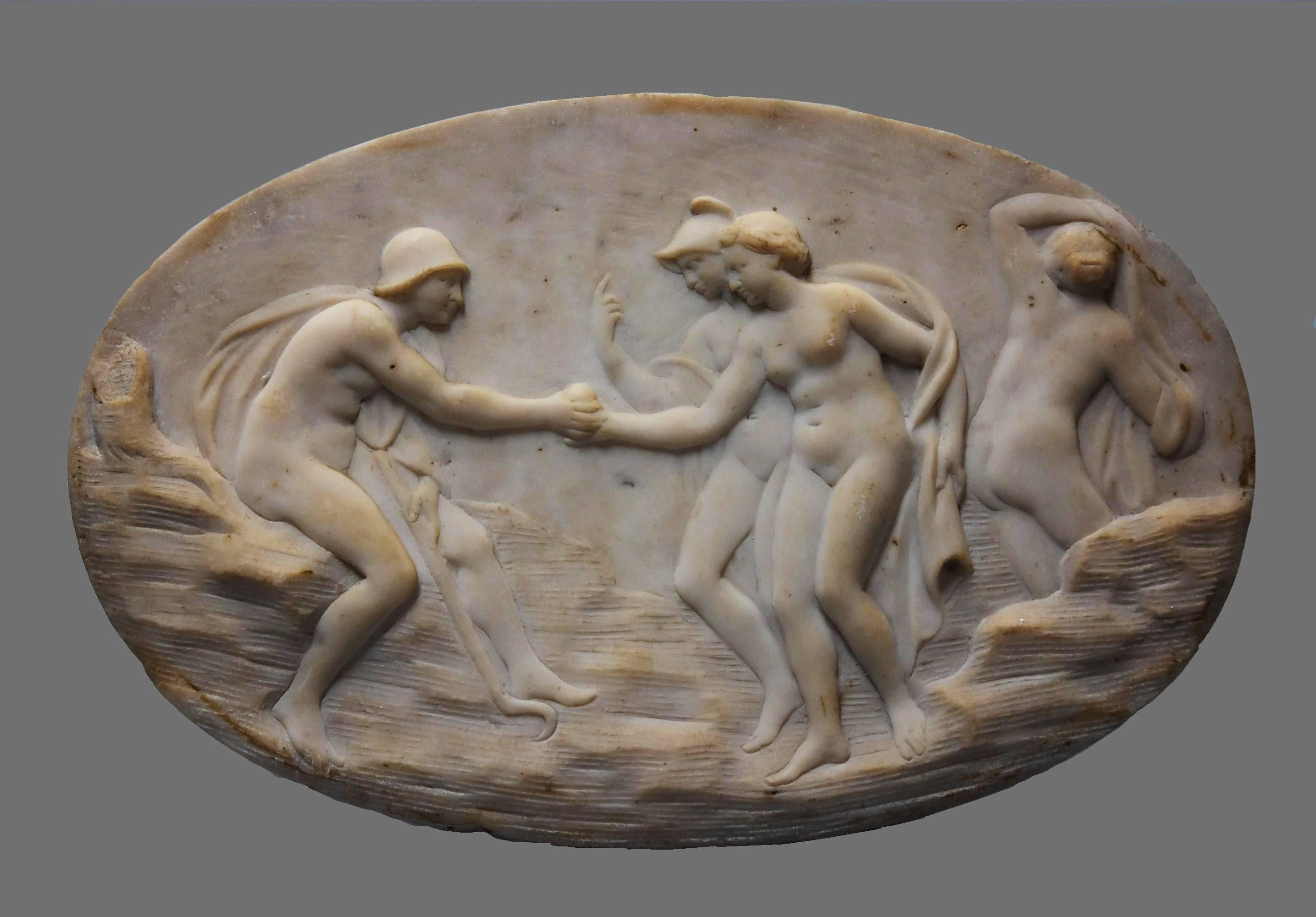 Italian Marble Oval Plaque of a Classical Scene, Possibly ‘The Judgement of Paris'