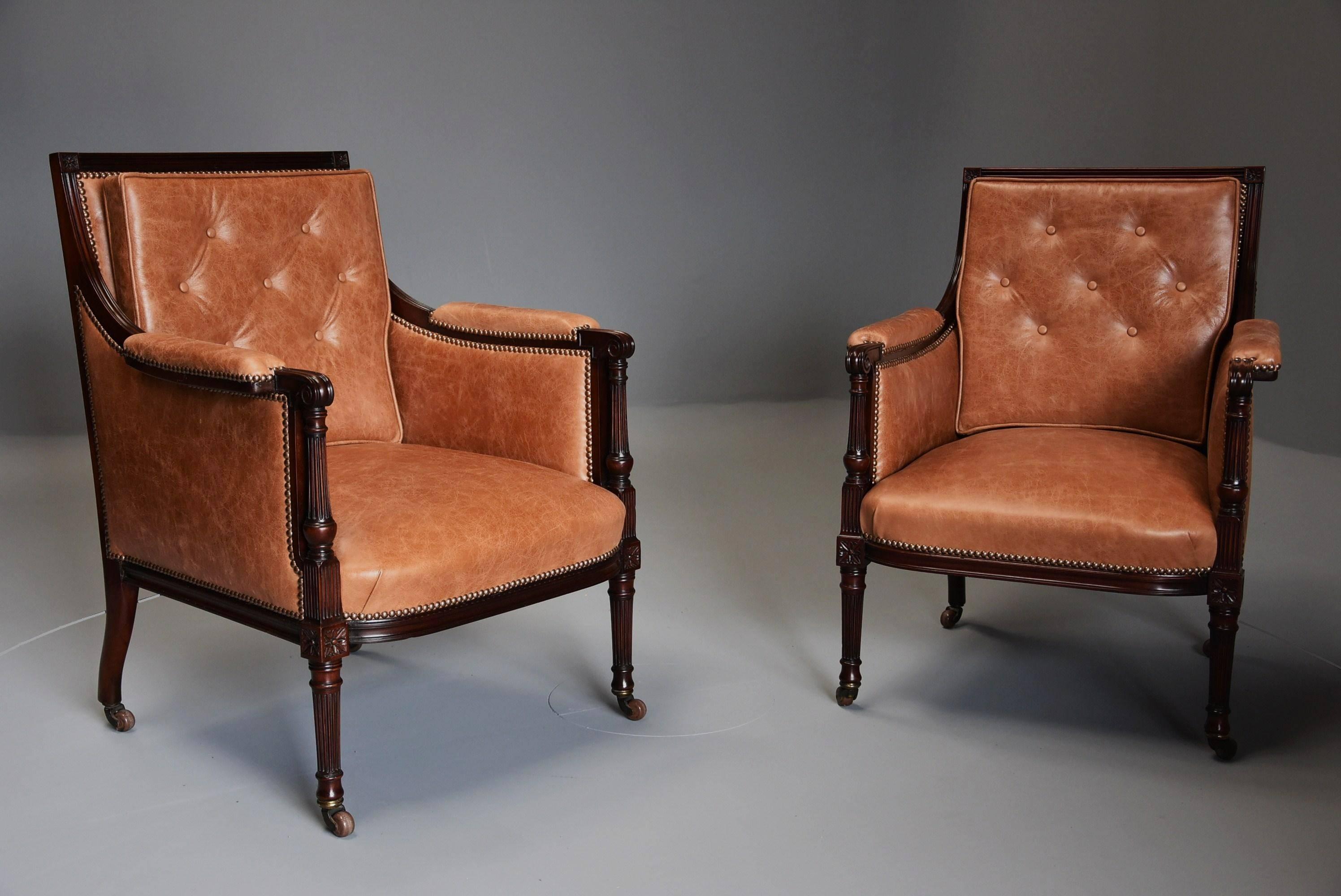 Sheraton Superb Pair of Late 19th Century ‘His & Hers’ Mahogany Bergere Library Chairs