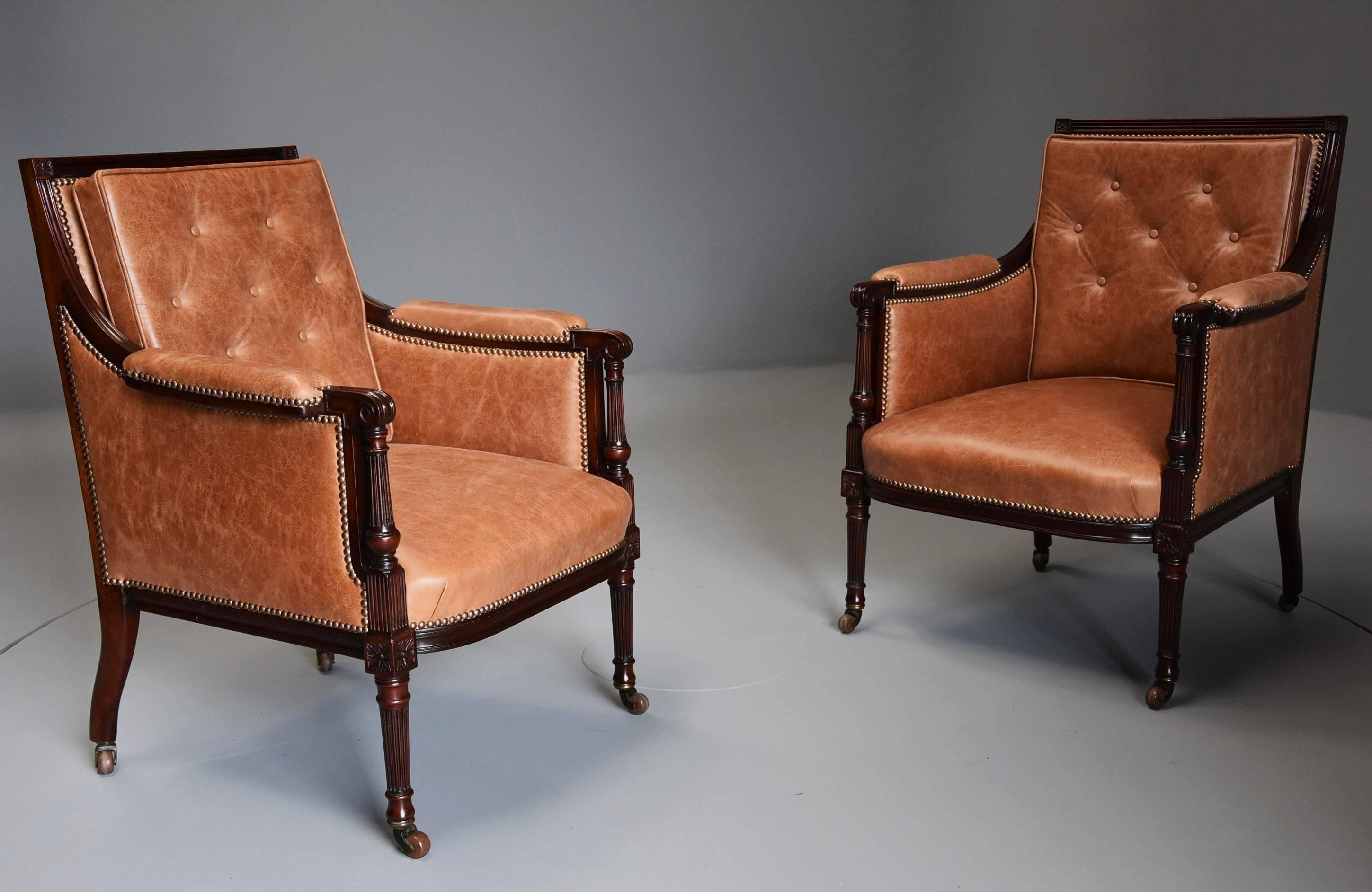 English Superb Pair of Late 19th Century ‘His & Hers’ Mahogany Bergere Library Chairs