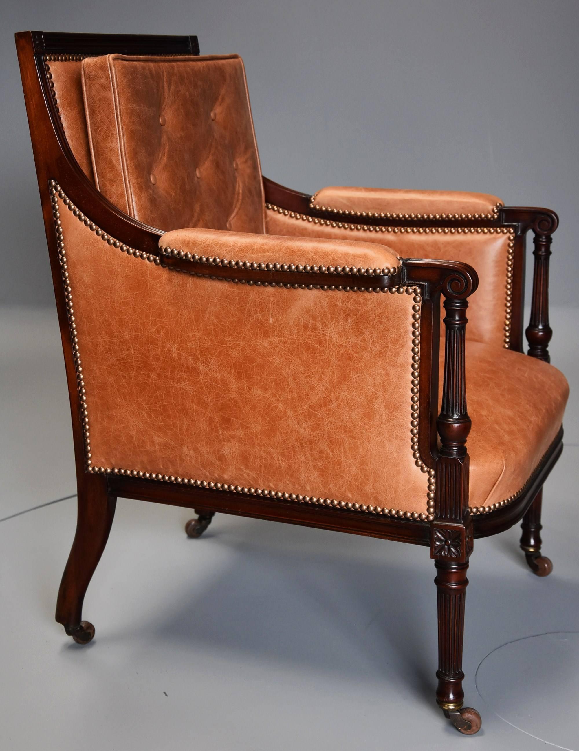 Leather Superb Pair of Late 19th Century ‘His & Hers’ Mahogany Bergere Library Chairs