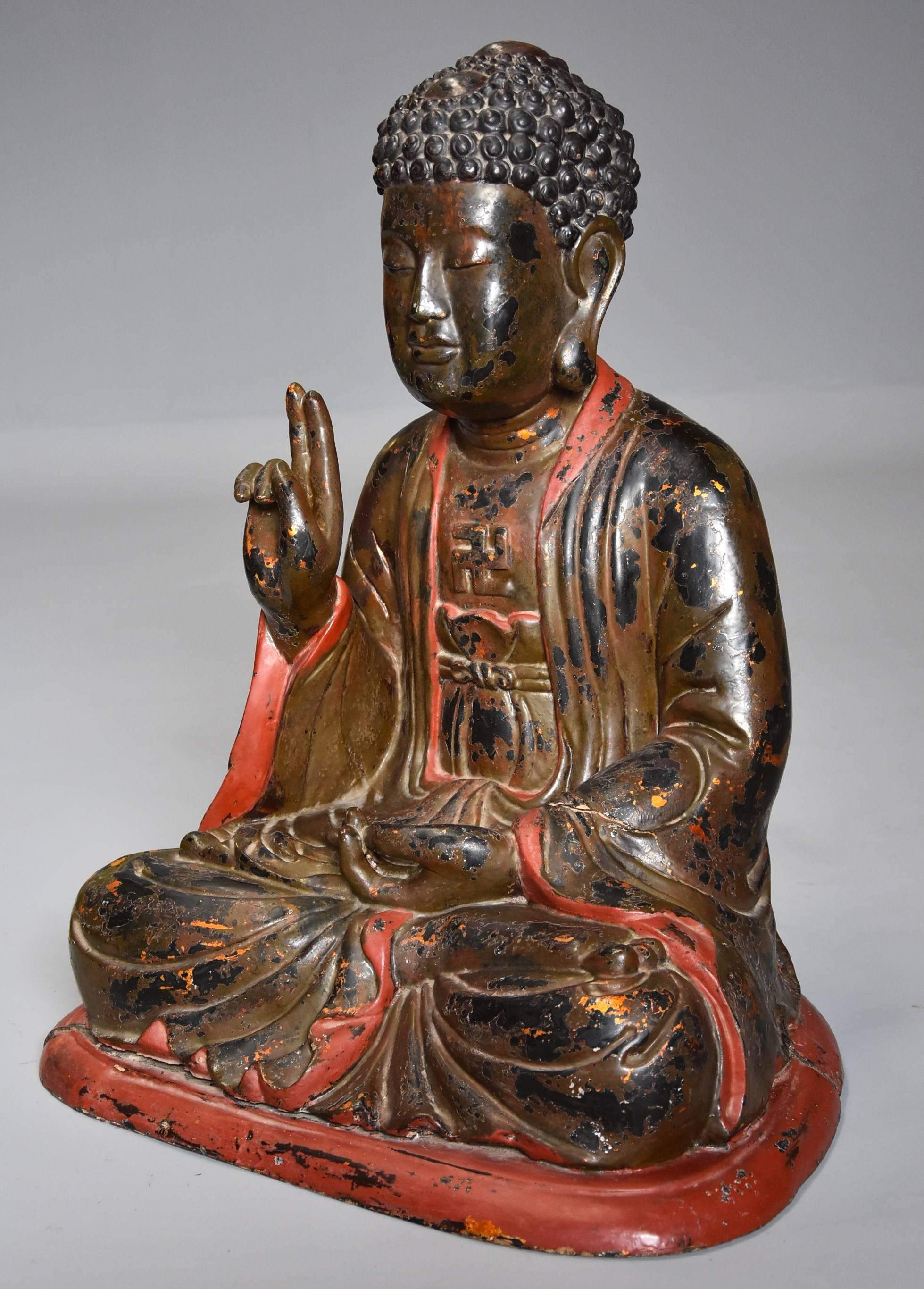 19th Century Vietnamese Wooden and Polychrome Painted Buddha with Traces of Original Gilding
