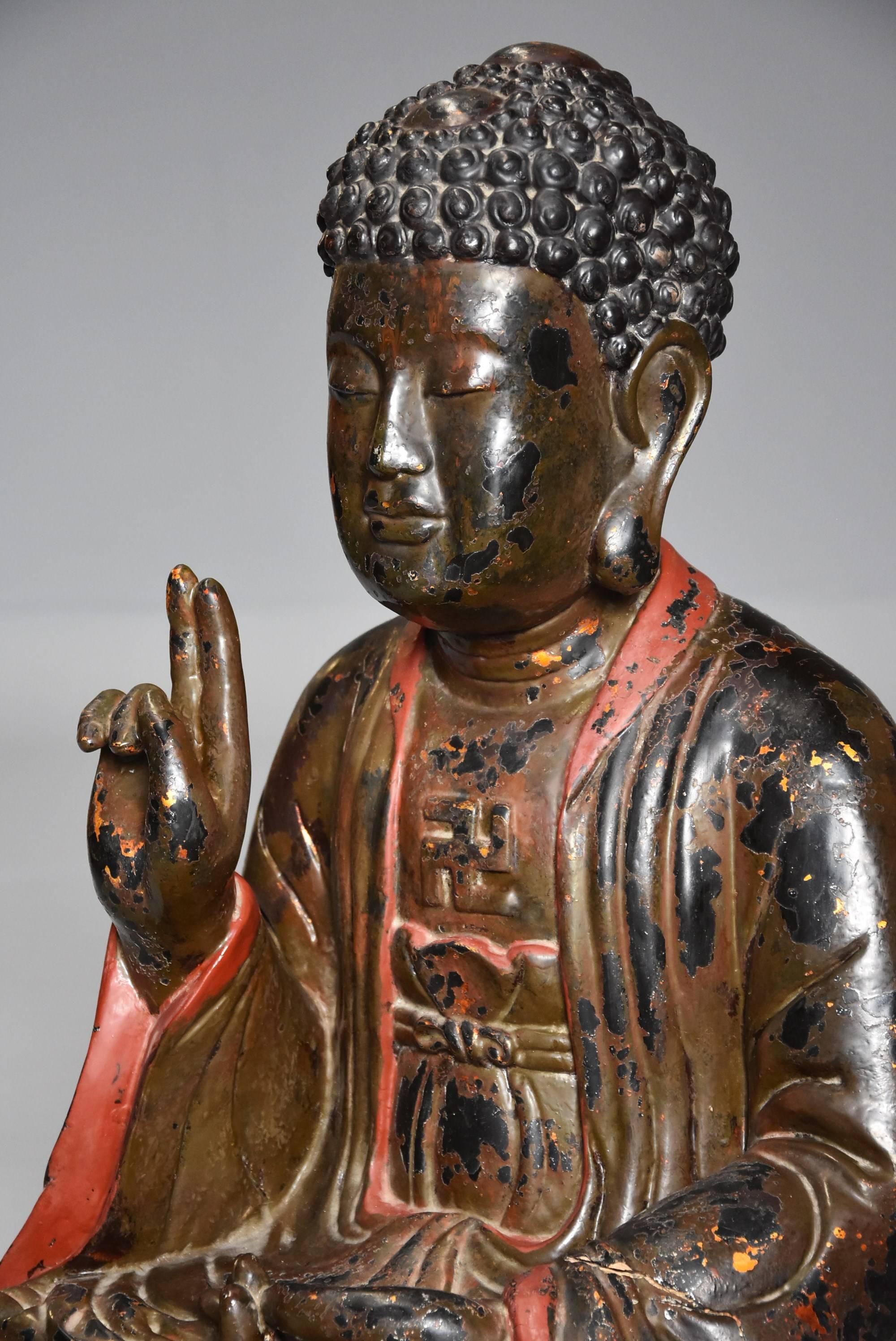 Vietnamese Wooden and Polychrome Painted Buddha with Traces of Original Gilding 1