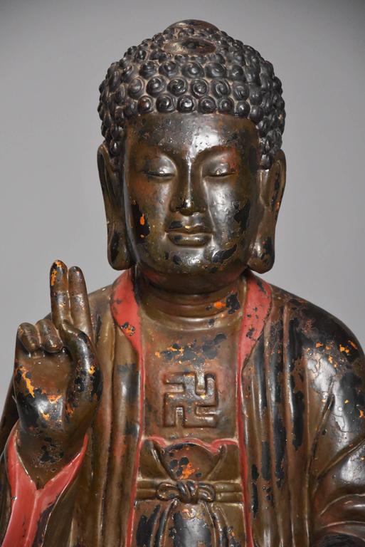 Vietnamese Wooden and Polychrome Painted Buddha with Traces of Original