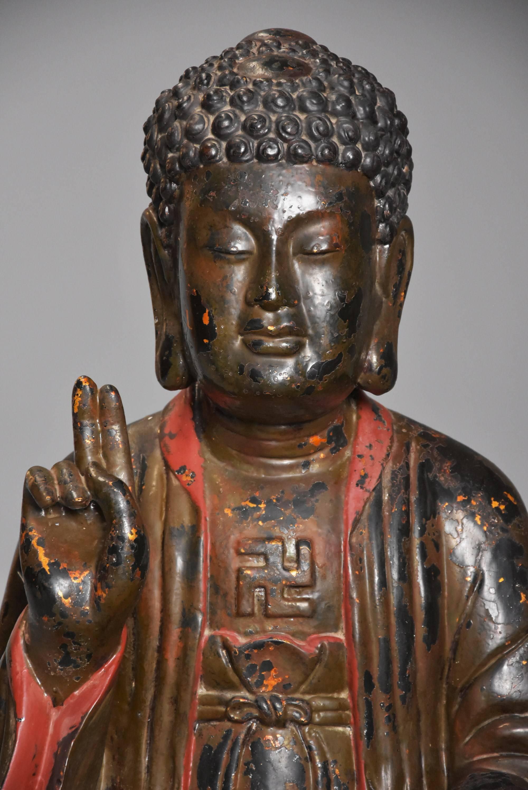 Vietnamese Wooden and Polychrome Painted Buddha with Traces of Original Gilding 2