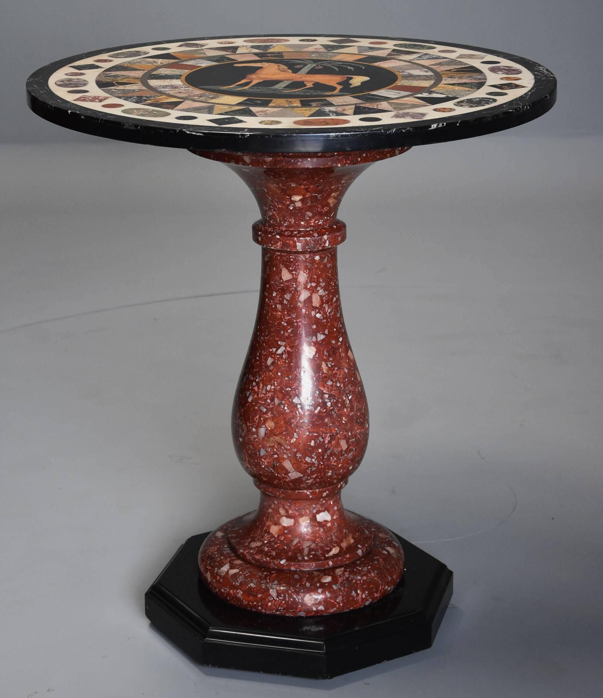 A superb quality mid-19th century Maltese pietra dura marble centre table attributed to Joseph Darmanin & Sons.

The tabletop is intricately inlaid with a central scene depicting a horse infront of a palm tree.

This central section is