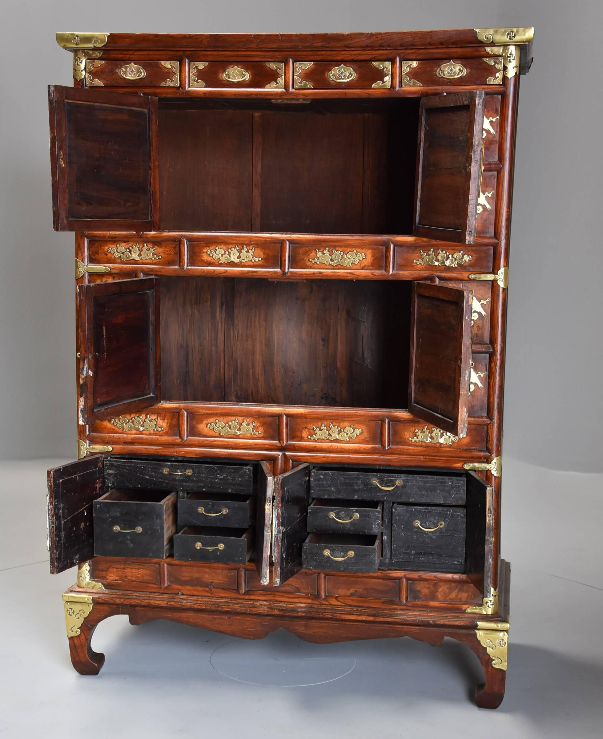 19th Century Korean Elm Cabinet with Brass Decoration of Superb Patina 2