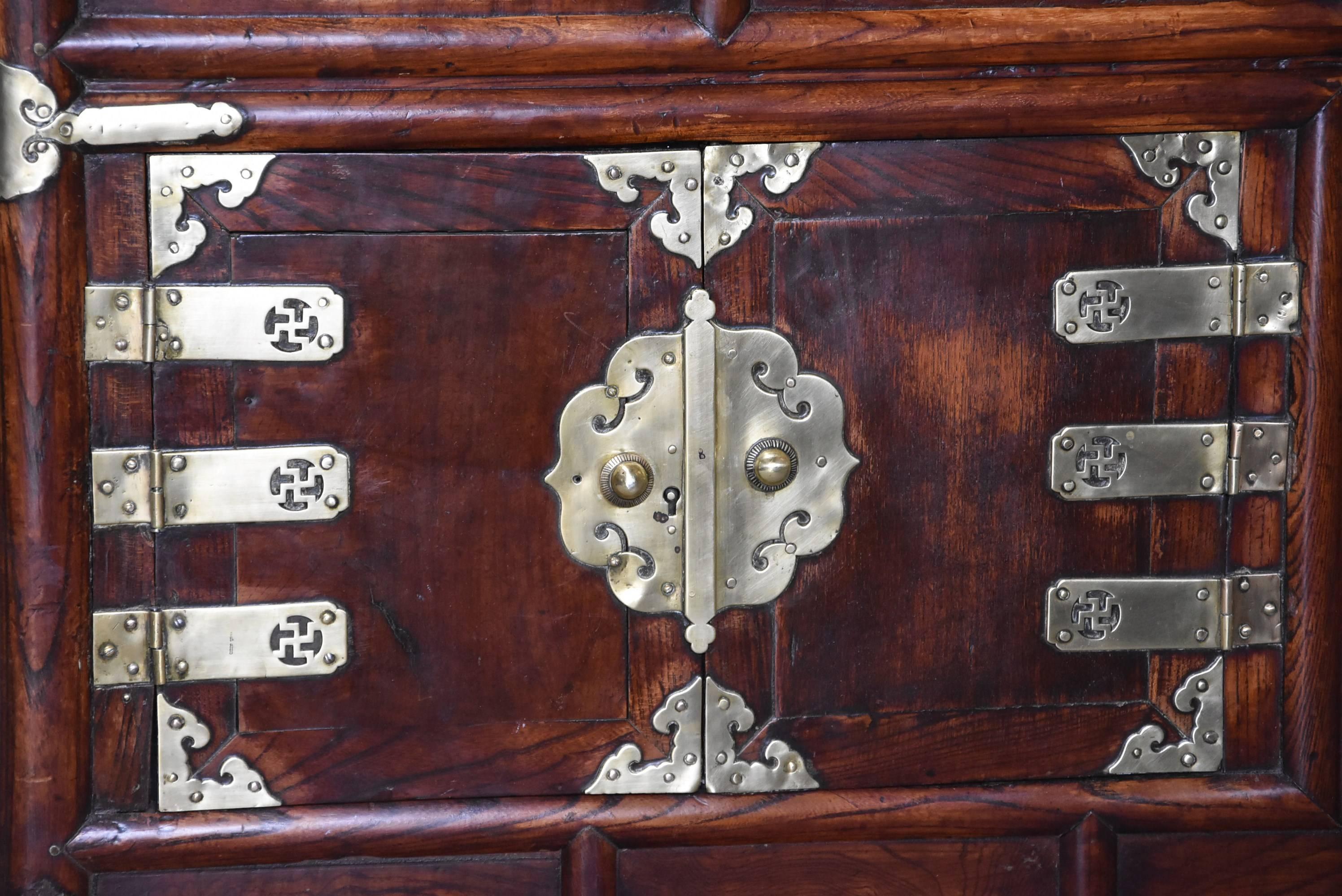 19th Century Korean Elm Cabinet with Brass Decoration of Superb Patina 4