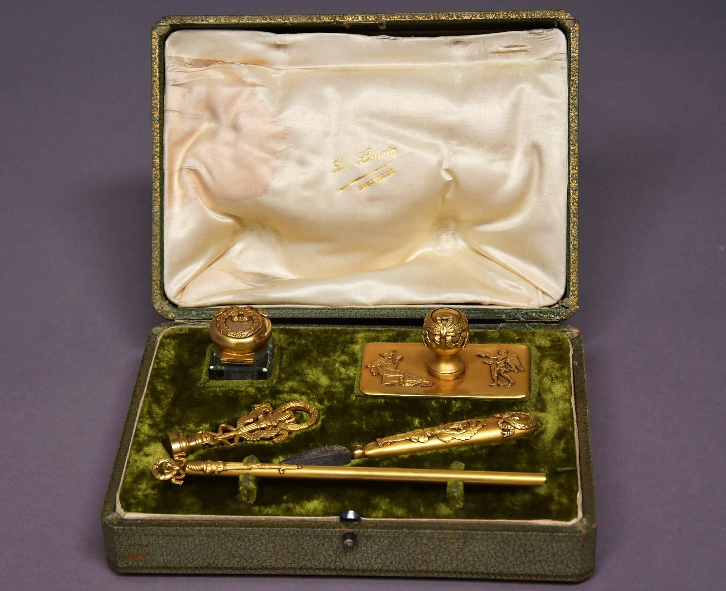 Belgian Superb Quality Five-Piece Gilt Metal Writing Set in the Empire Style For Sale