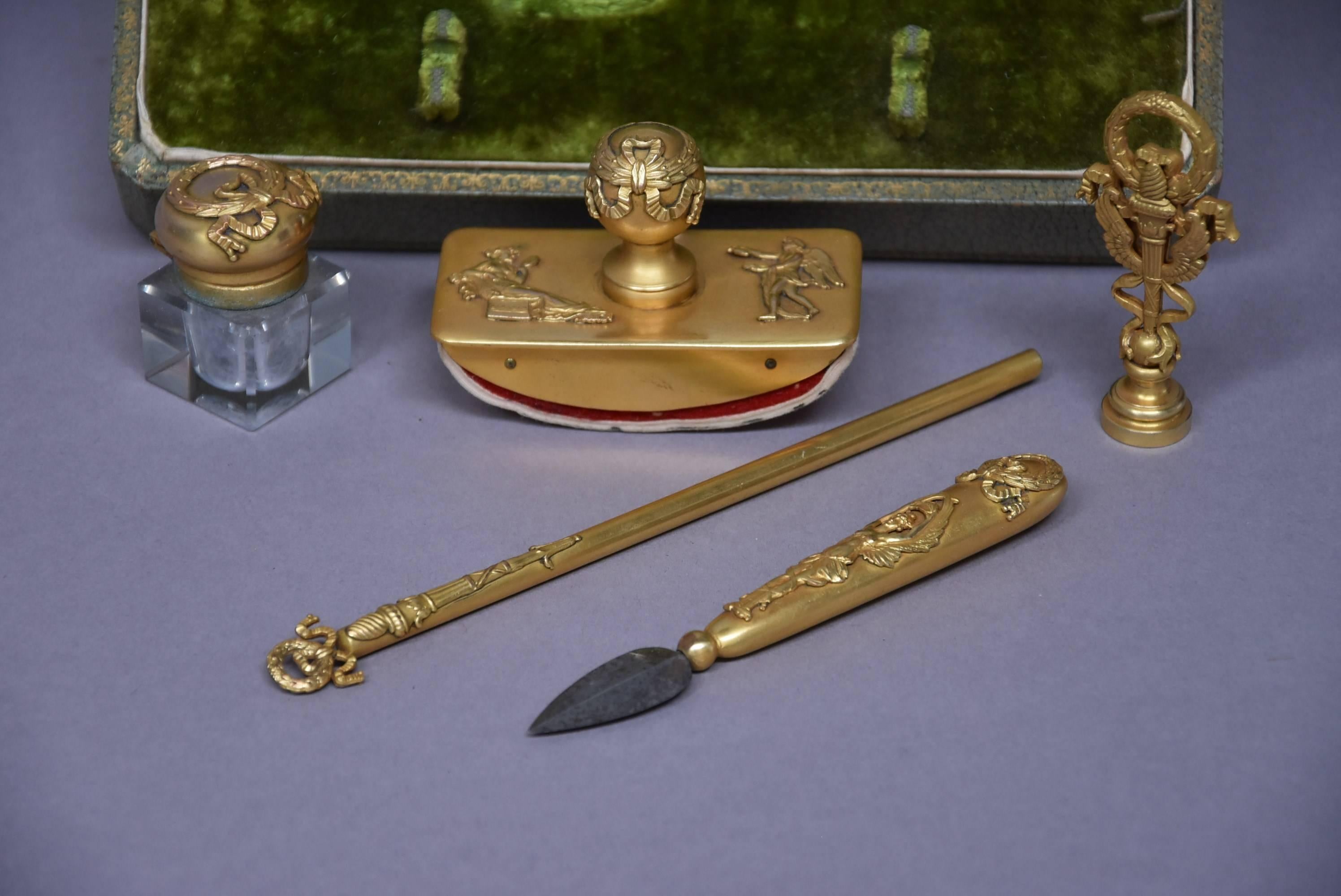 Superb Quality Five-Piece Gilt Metal Writing Set in the Empire Style For Sale 2