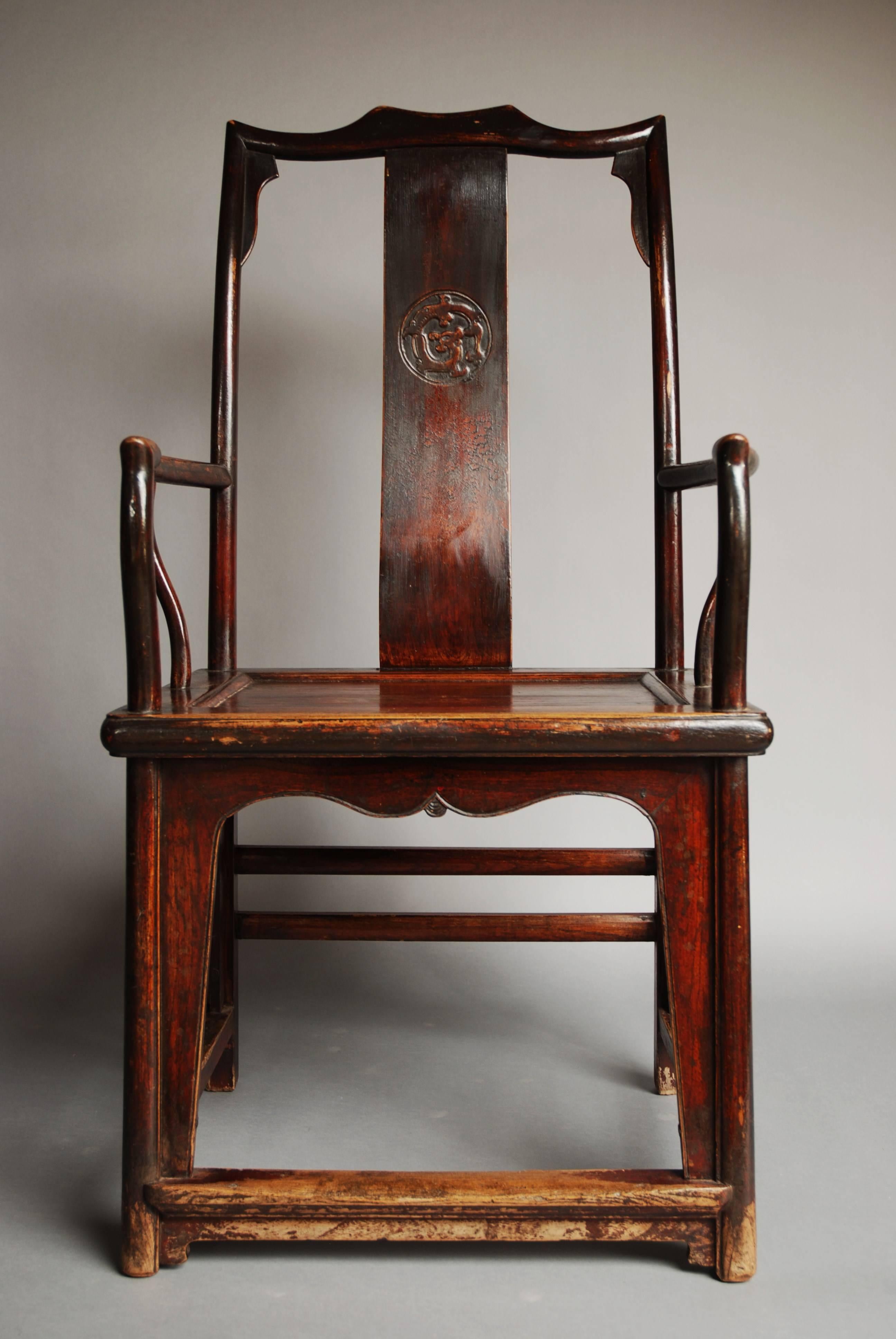 Pair of Late 19th Century Chinese Yoke Back Elm Armchairs of Good Patina For Sale 1