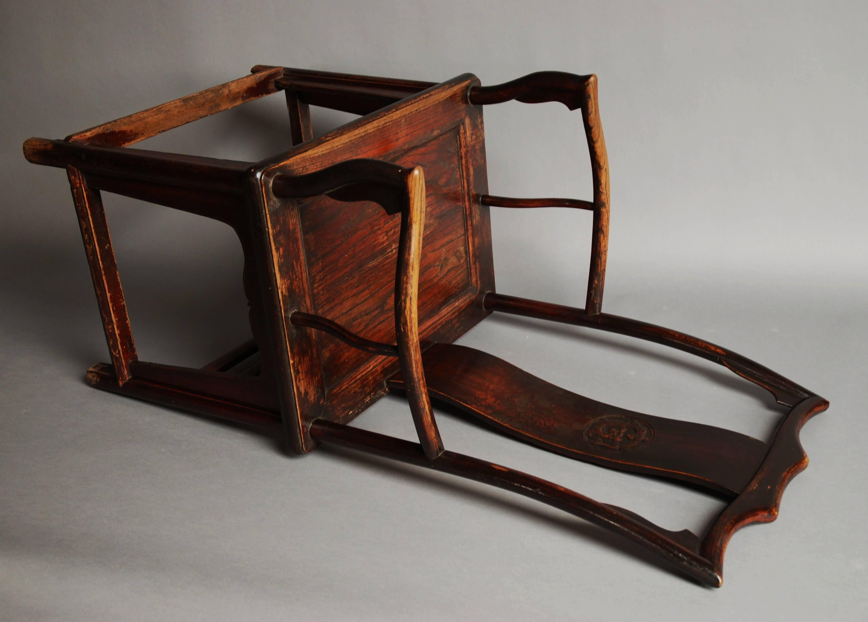 Pair of Late 19th Century Chinese Yoke Back Elm Armchairs of Good Patina For Sale 3