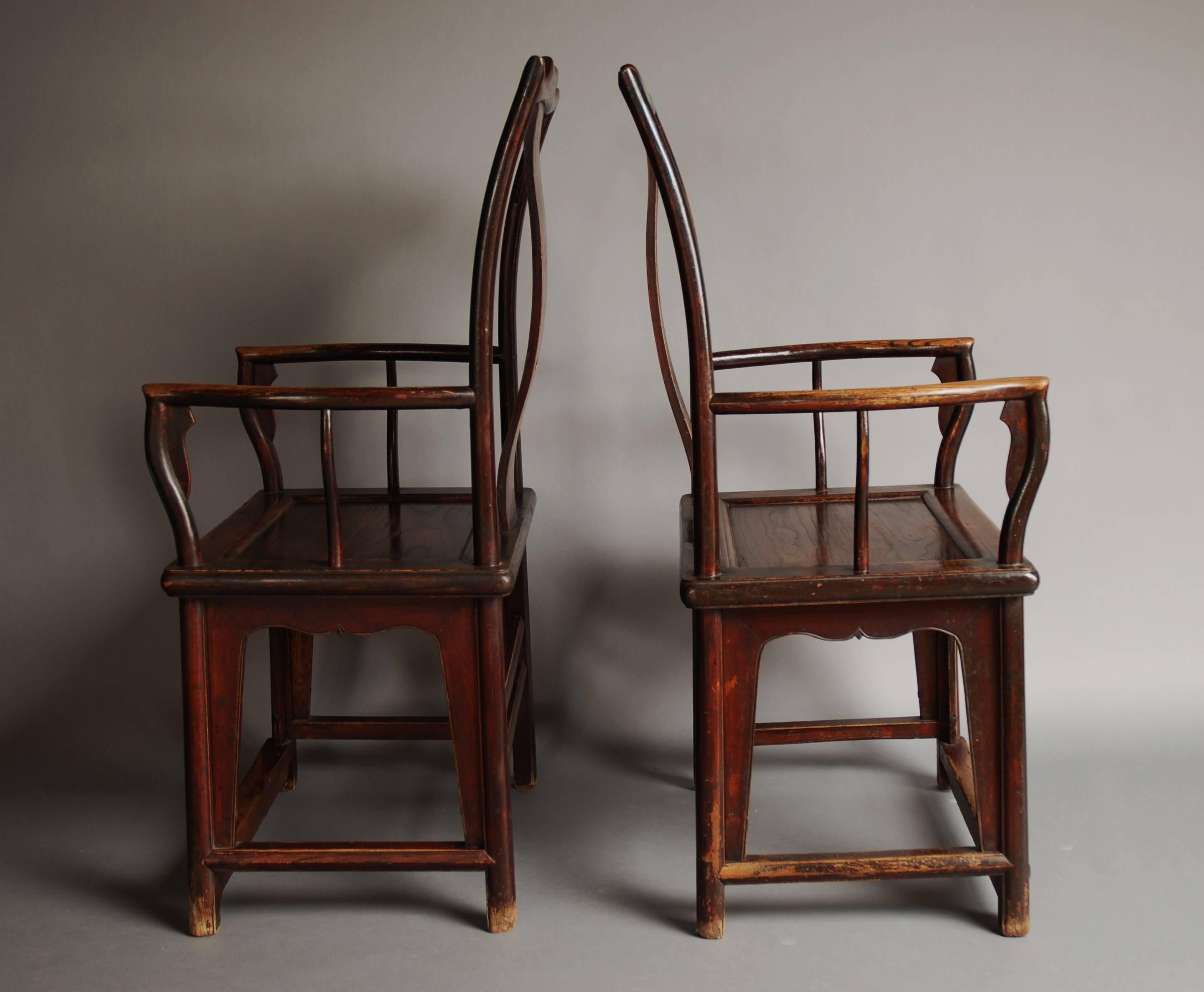 Pair of Late 19th Century Chinese Yoke Back Elm Armchairs of Good Patina For Sale 4