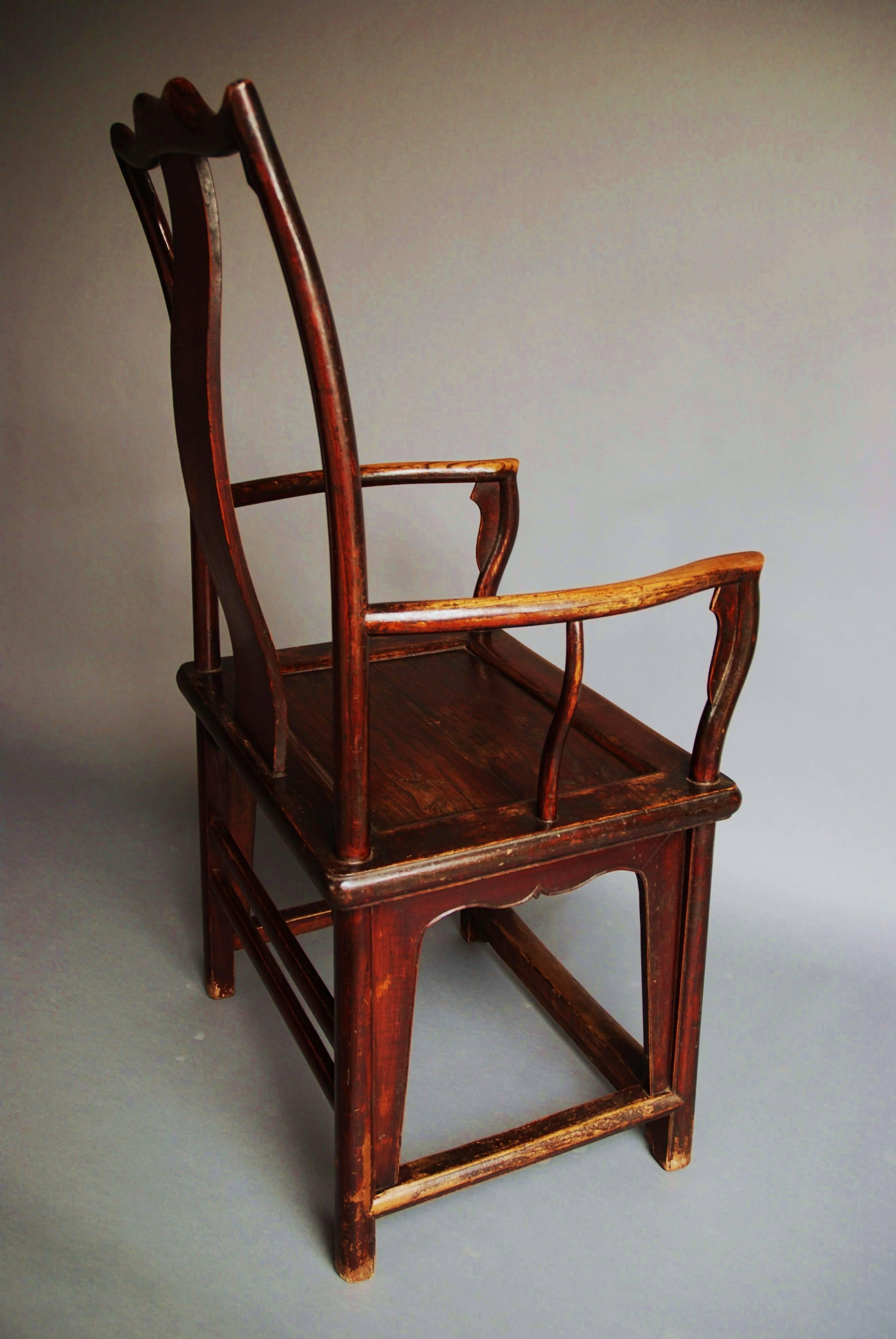 Pair of Late 19th Century Chinese Yoke Back Elm Armchairs of Good Patina For Sale 6