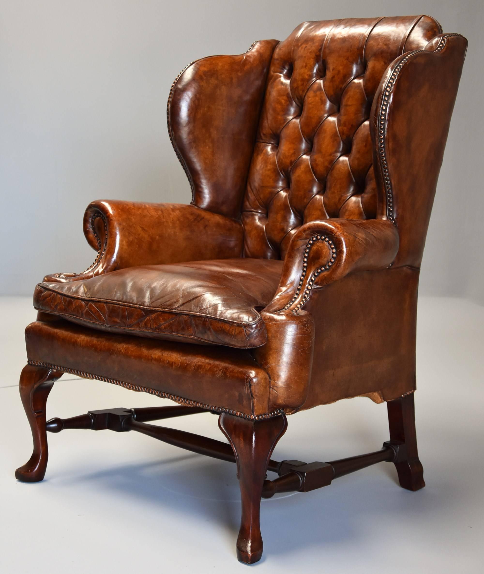 Early 20th Century Georgian Style Deep Buttoned Brown Leather Wing Armchair 1