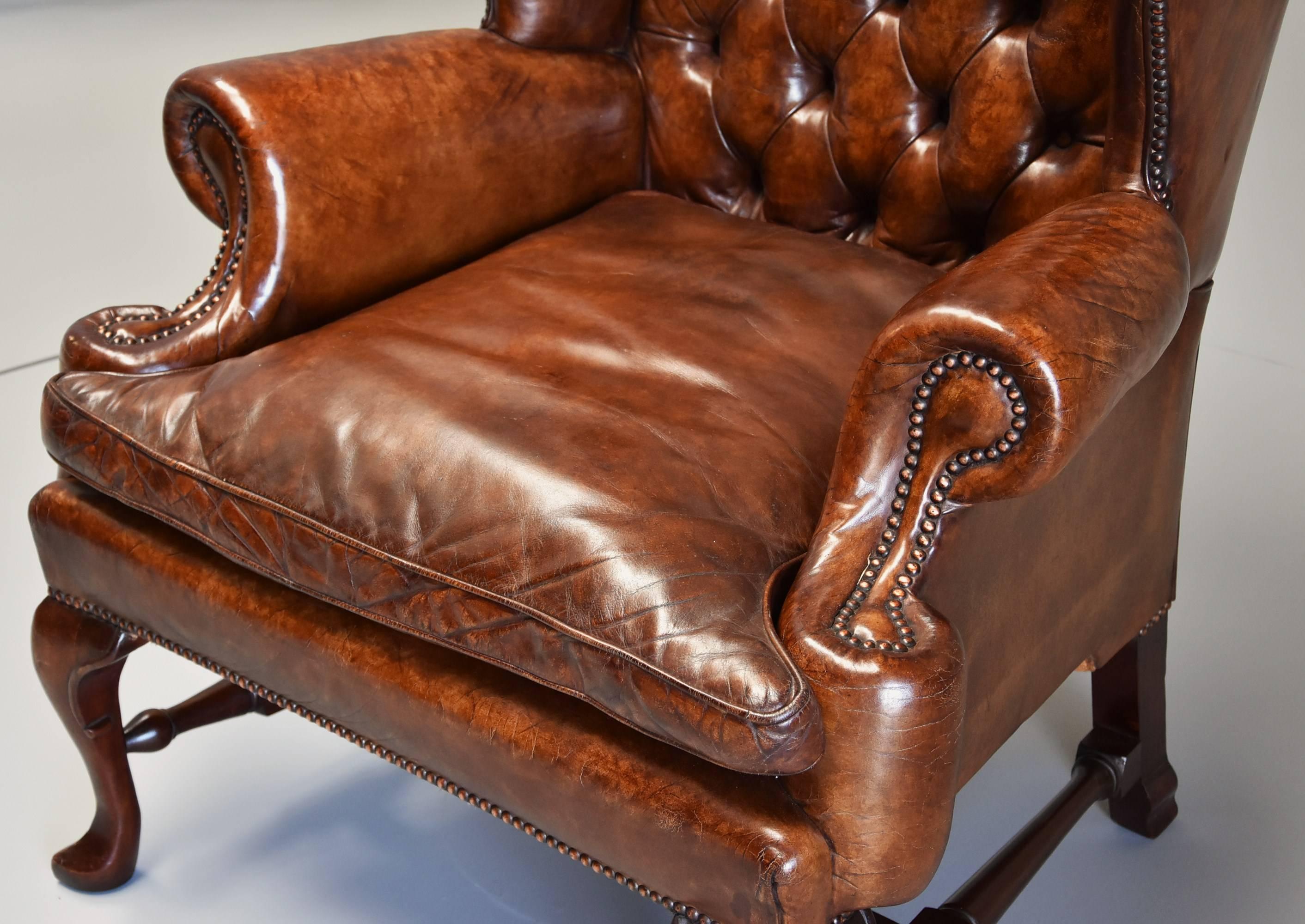 Early 20th Century Georgian Style Deep Buttoned Brown Leather Wing Armchair 3