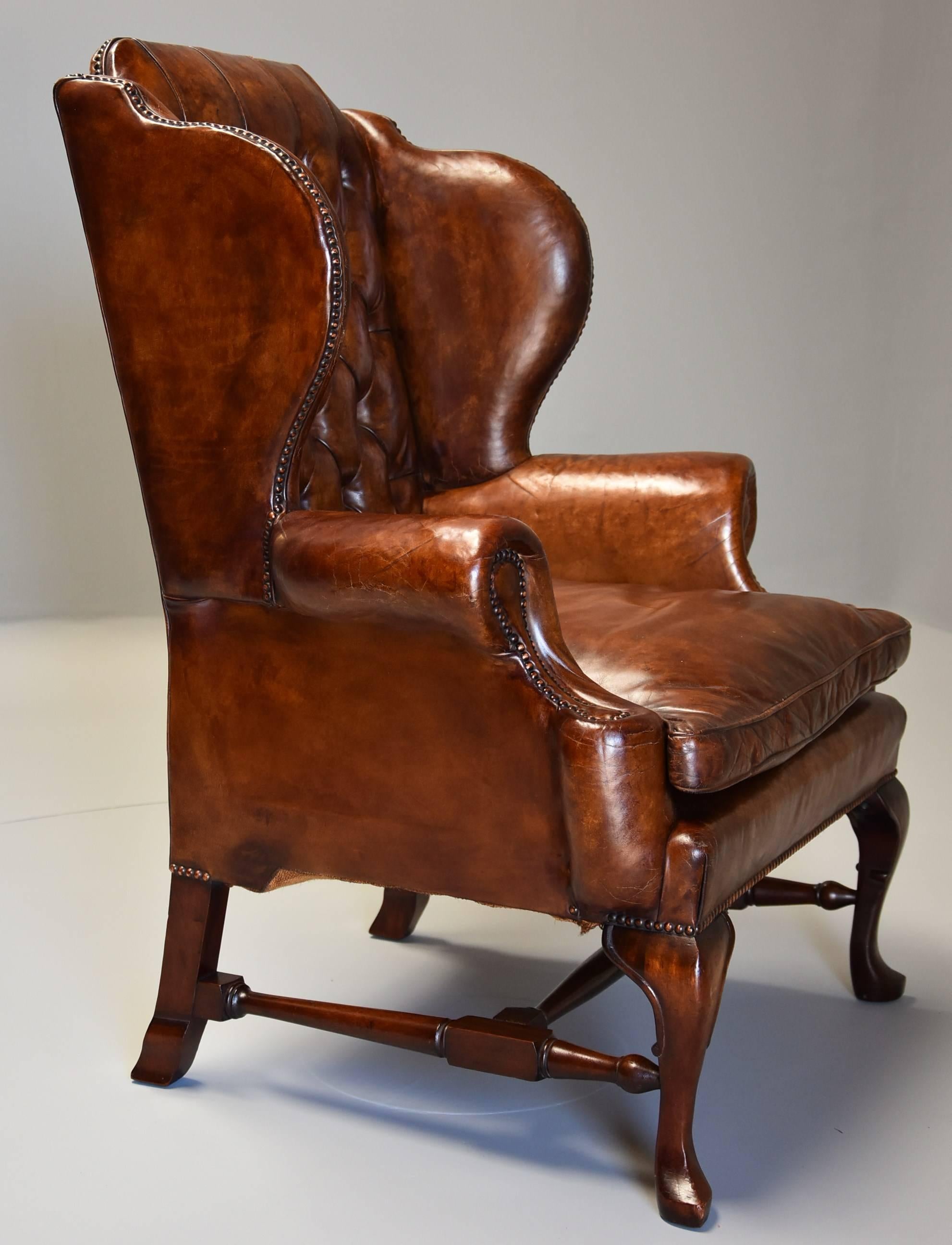 Early 20th Century Georgian Style Deep Buttoned Brown Leather Wing Armchair 5