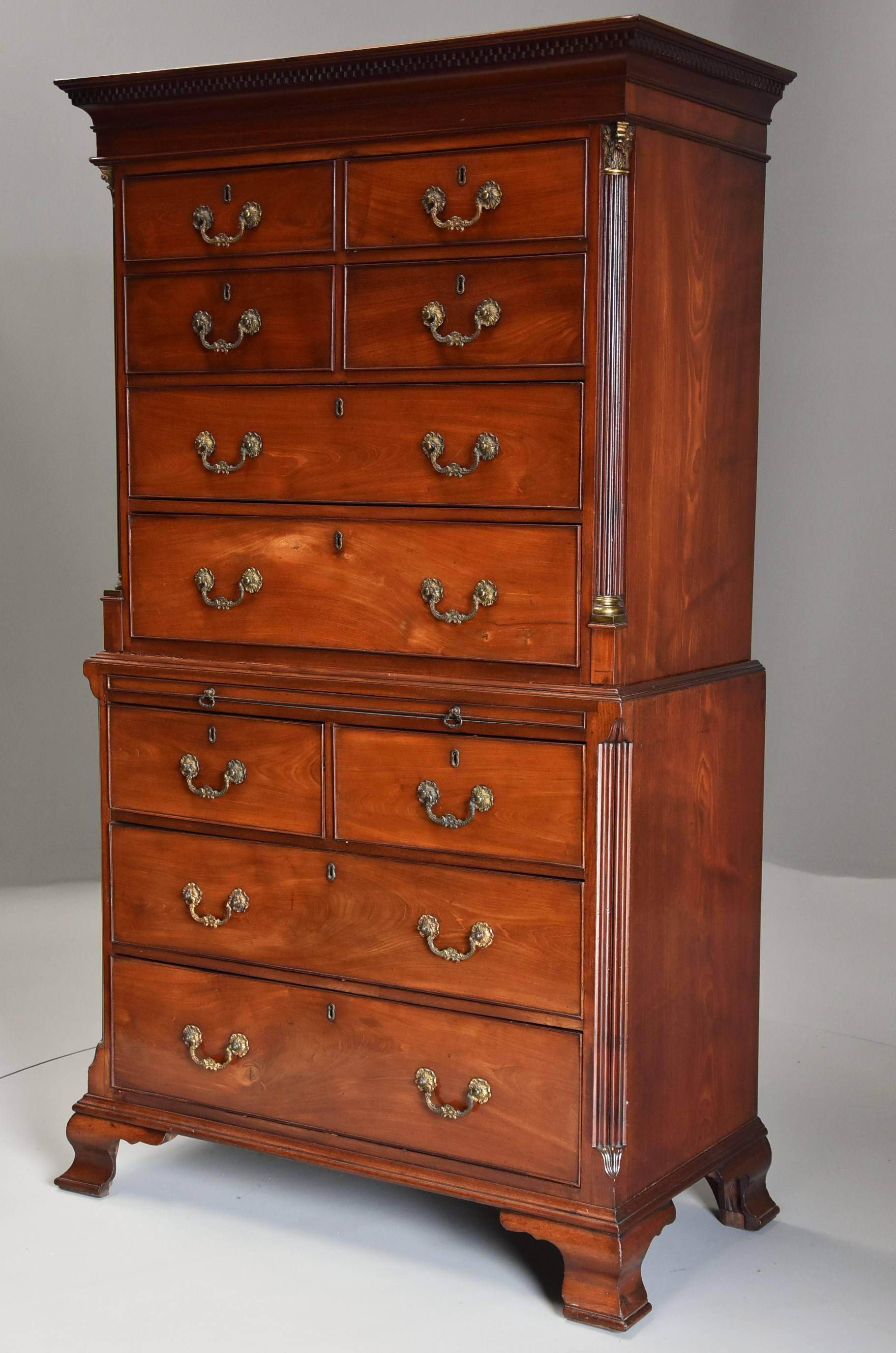 A superb quality late 18th century mahogany chest on chest with extremely unusual drawer configuration making this piece rare and also more practical with the smaller drawers to the top.

The top section of this chest consists of a moulded double