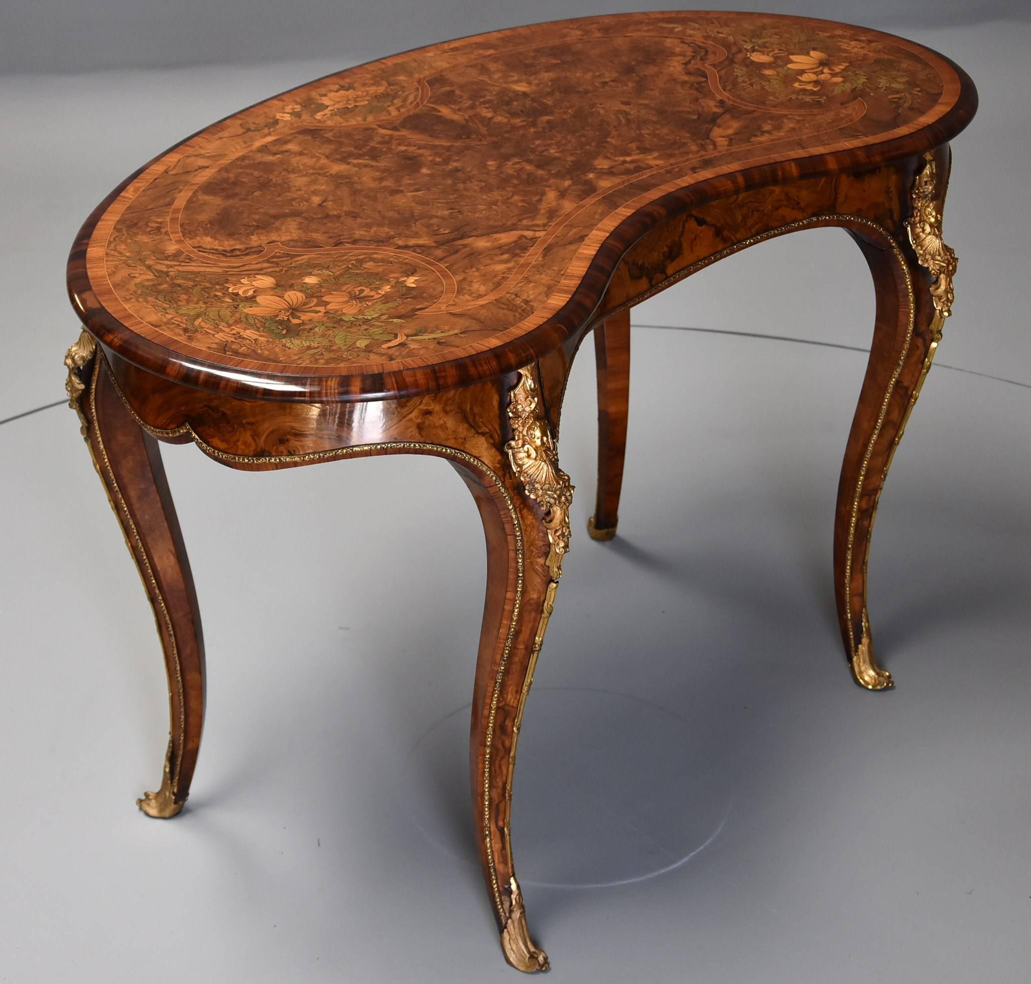 English Superb Quality Mid-19th Century Burr Walnut and Marquetry Kidney Shape Table For Sale