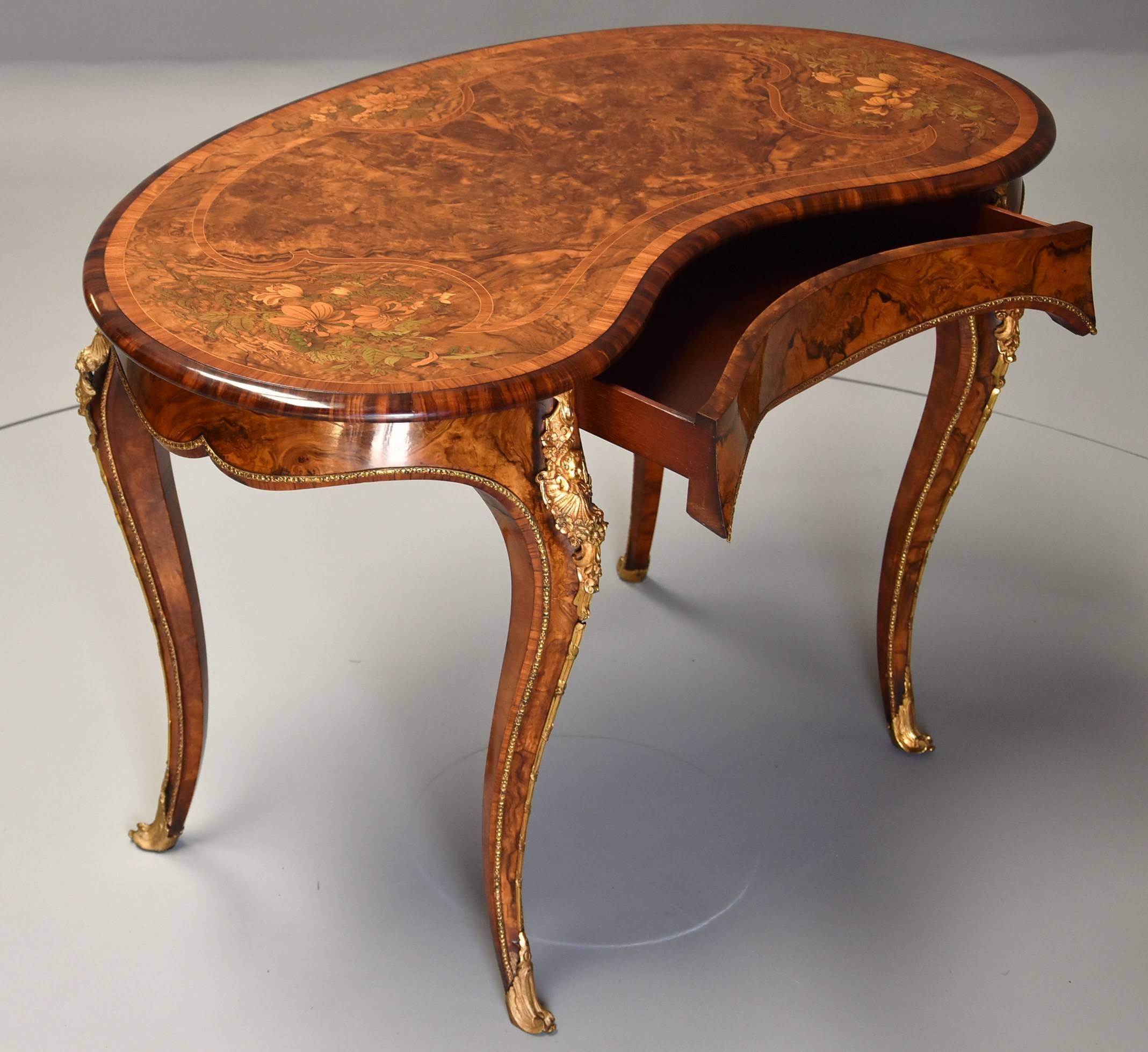 Kingwood Superb Quality Mid-19th Century Burr Walnut and Marquetry Kidney Shape Table For Sale