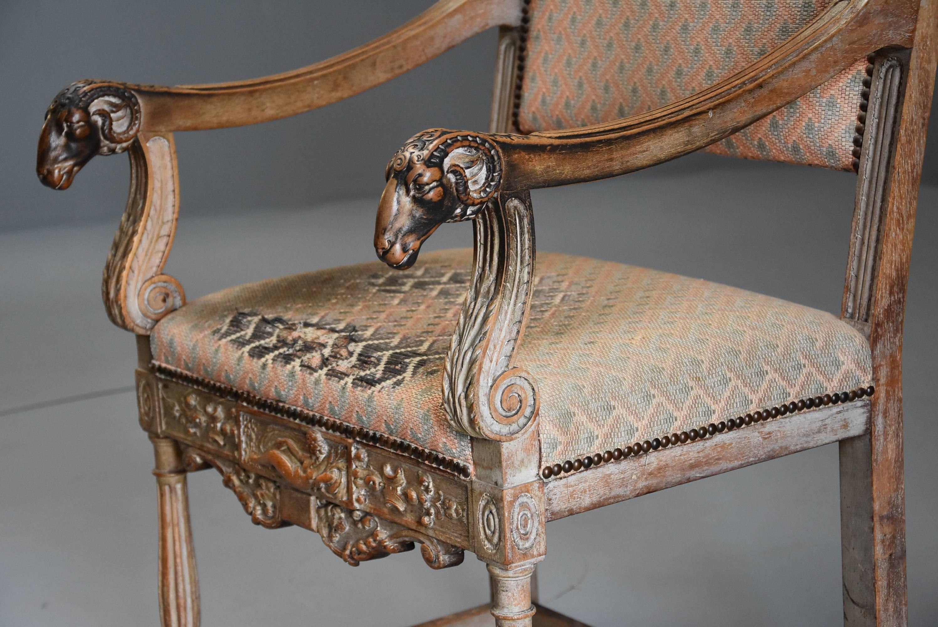 Highly Decorative French Limed Oak Armchair in the Renaissance Style In Fair Condition For Sale In Suffolk, GB