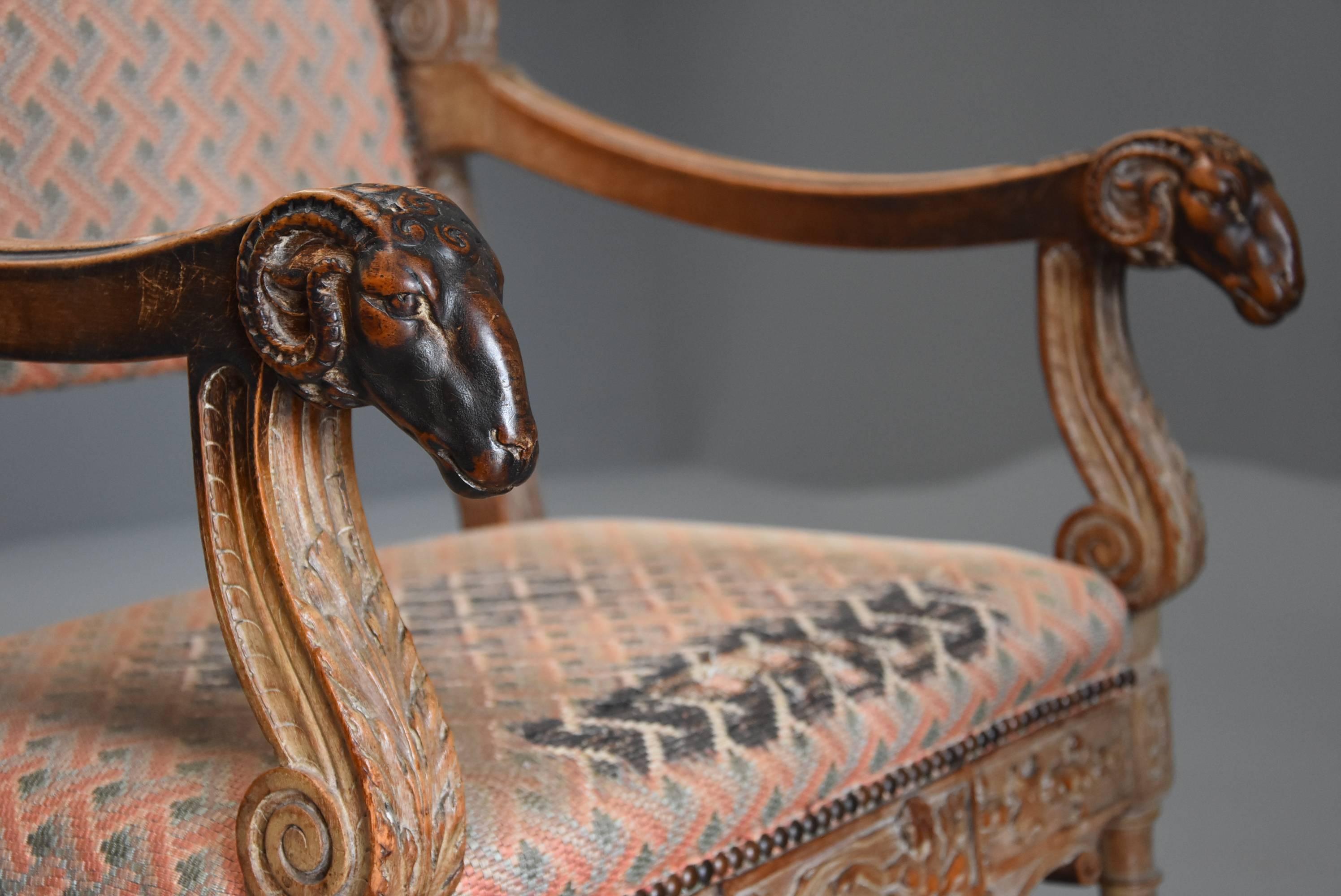 19th Century Highly Decorative French Limed Oak Armchair in the Renaissance Style For Sale