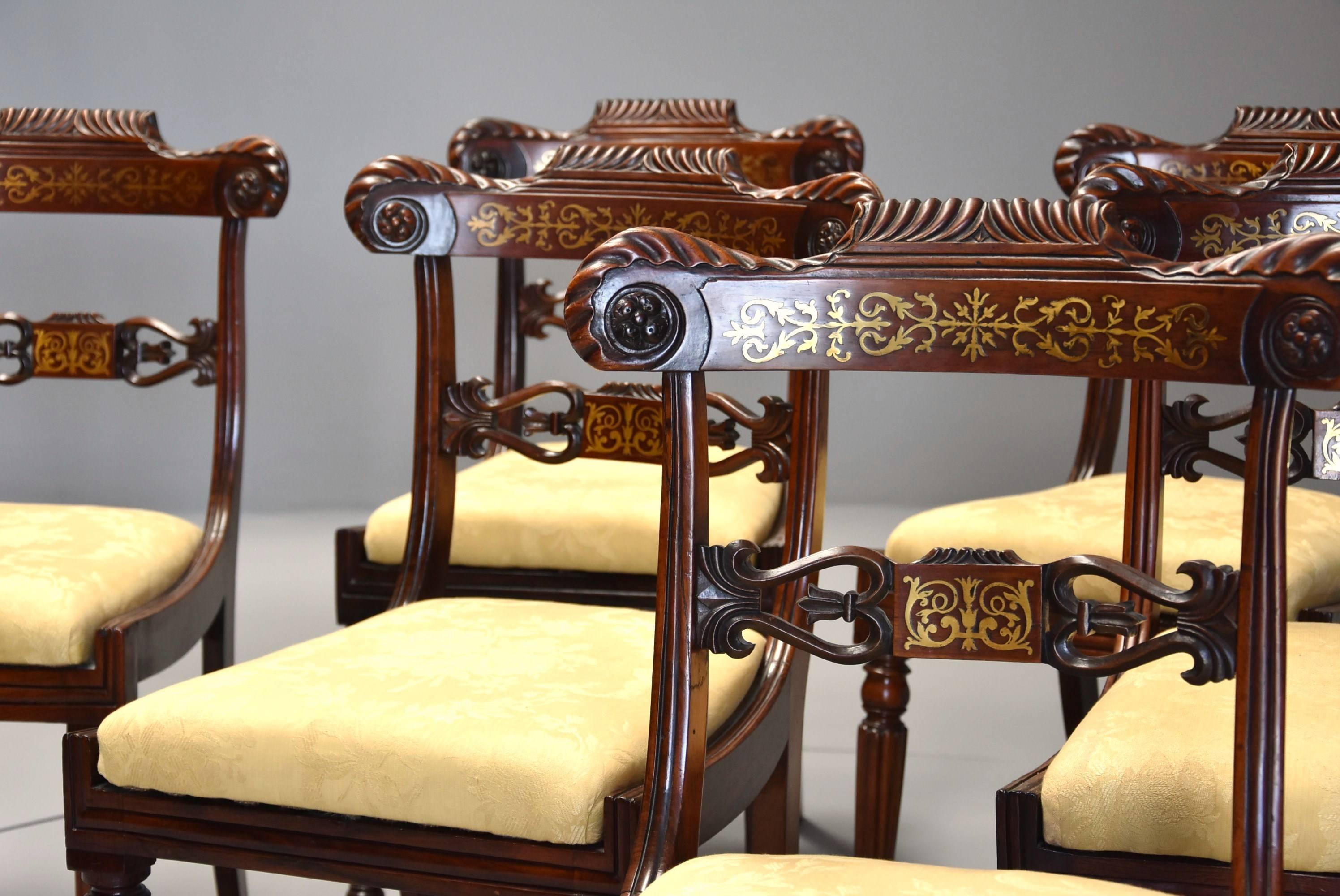 English Fine Quality Set of Six Regency Rosewood Dining Chairs with Brass Inlay For Sale