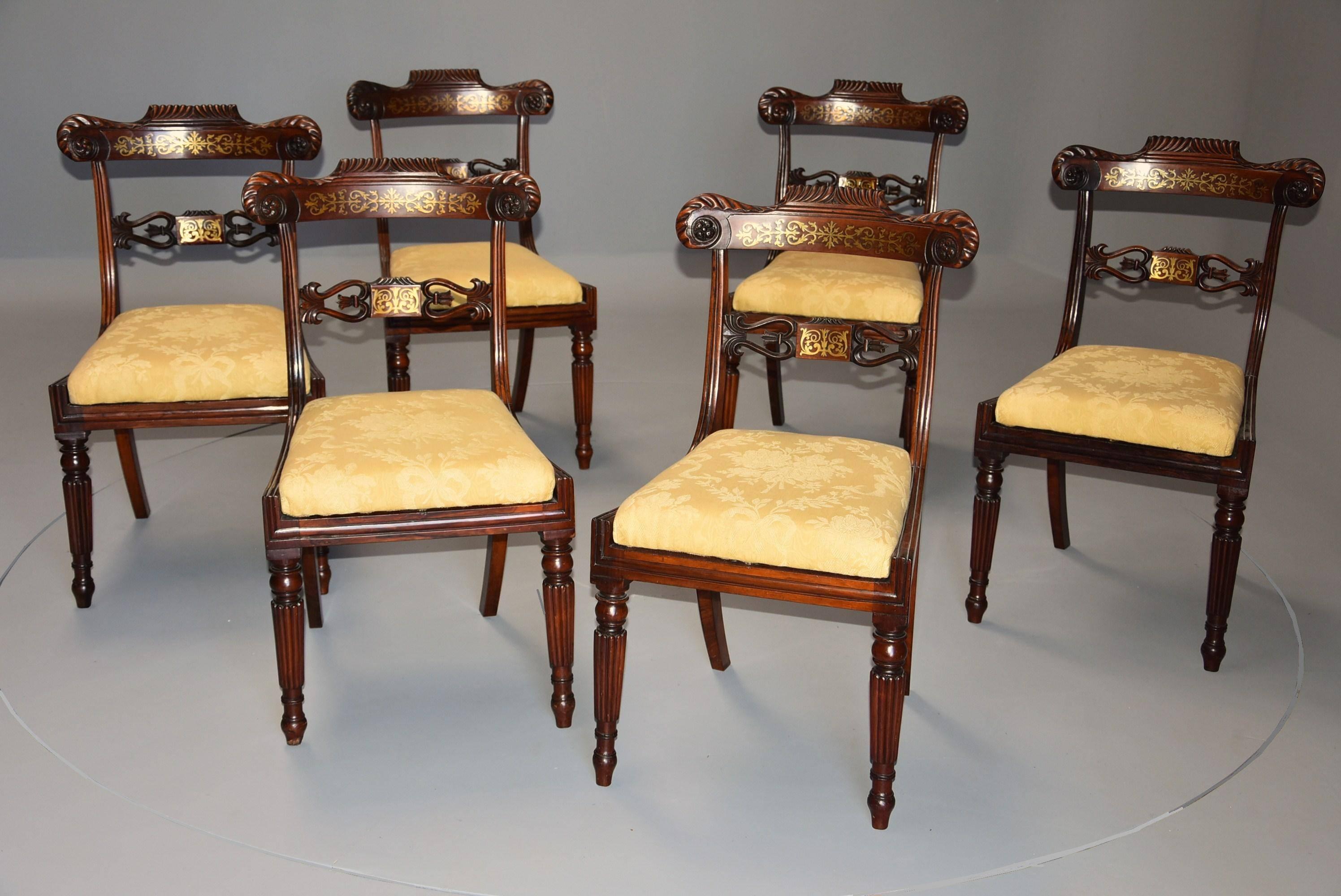 Fine Quality Set of Six Regency Rosewood Dining Chairs with Brass Inlay In Good Condition For Sale In Suffolk, GB