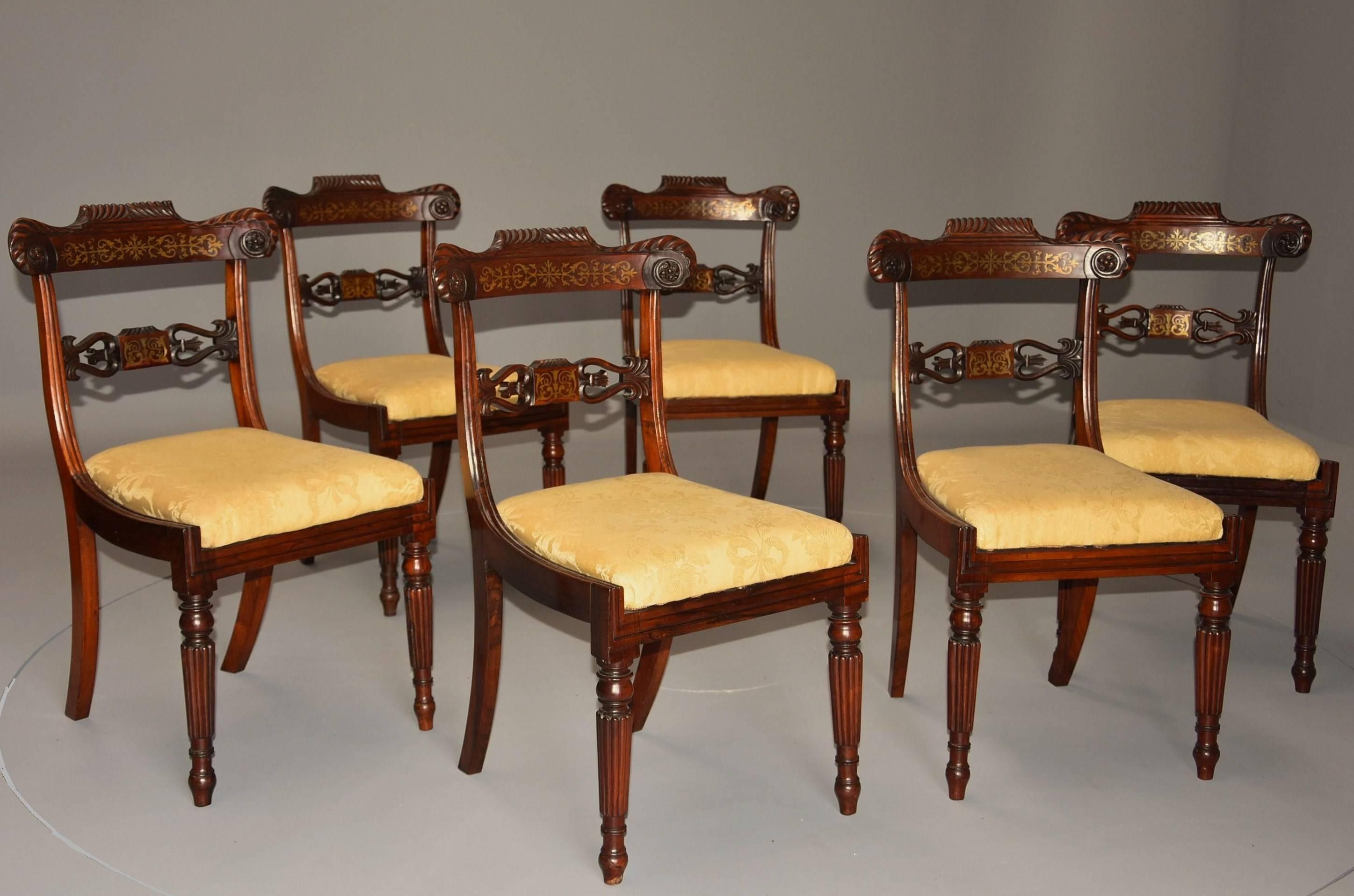 19th Century Fine Quality Set of Six Regency Rosewood Dining Chairs with Brass Inlay For Sale