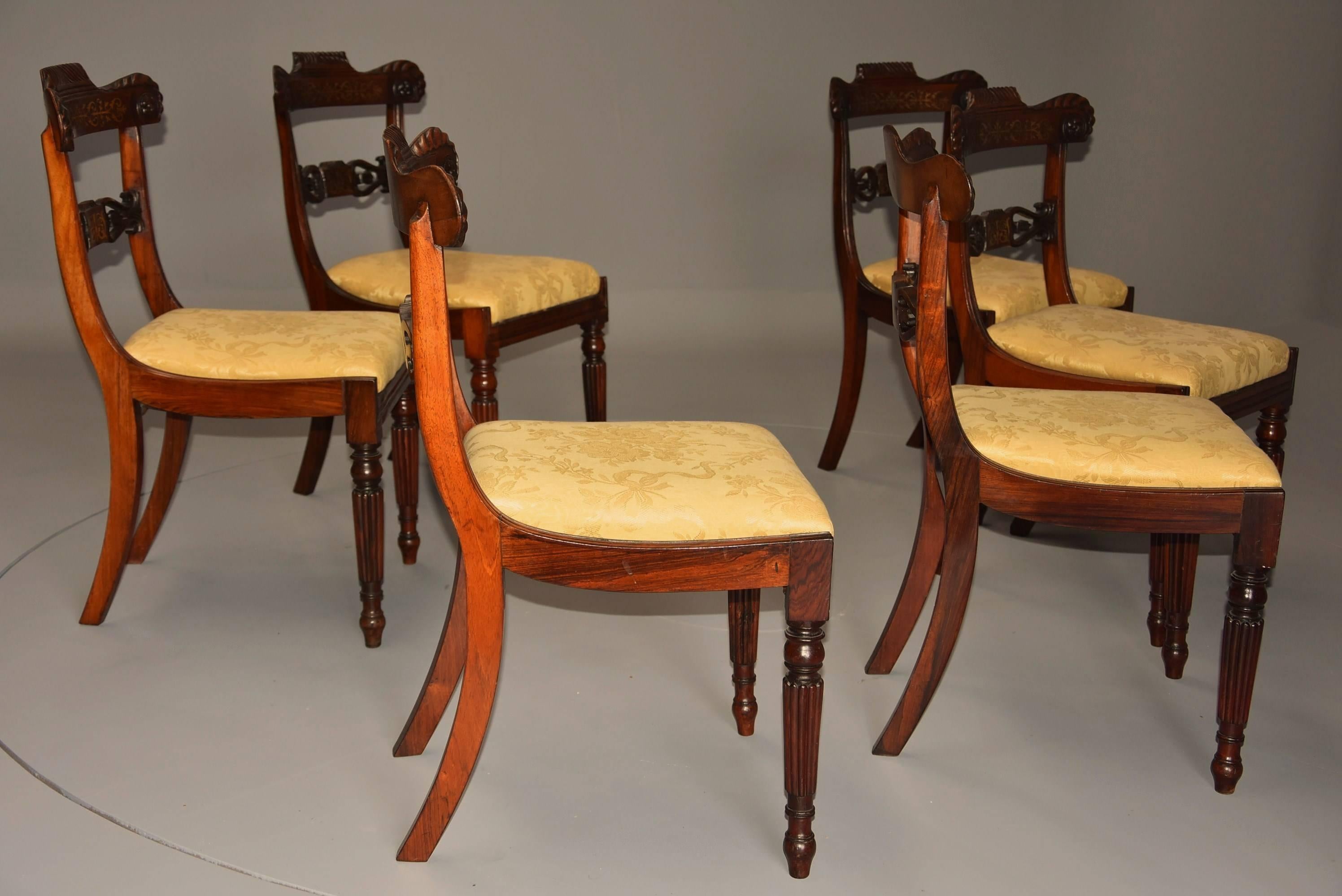 Fine Quality Set of Six Regency Rosewood Dining Chairs with Brass Inlay For Sale 4