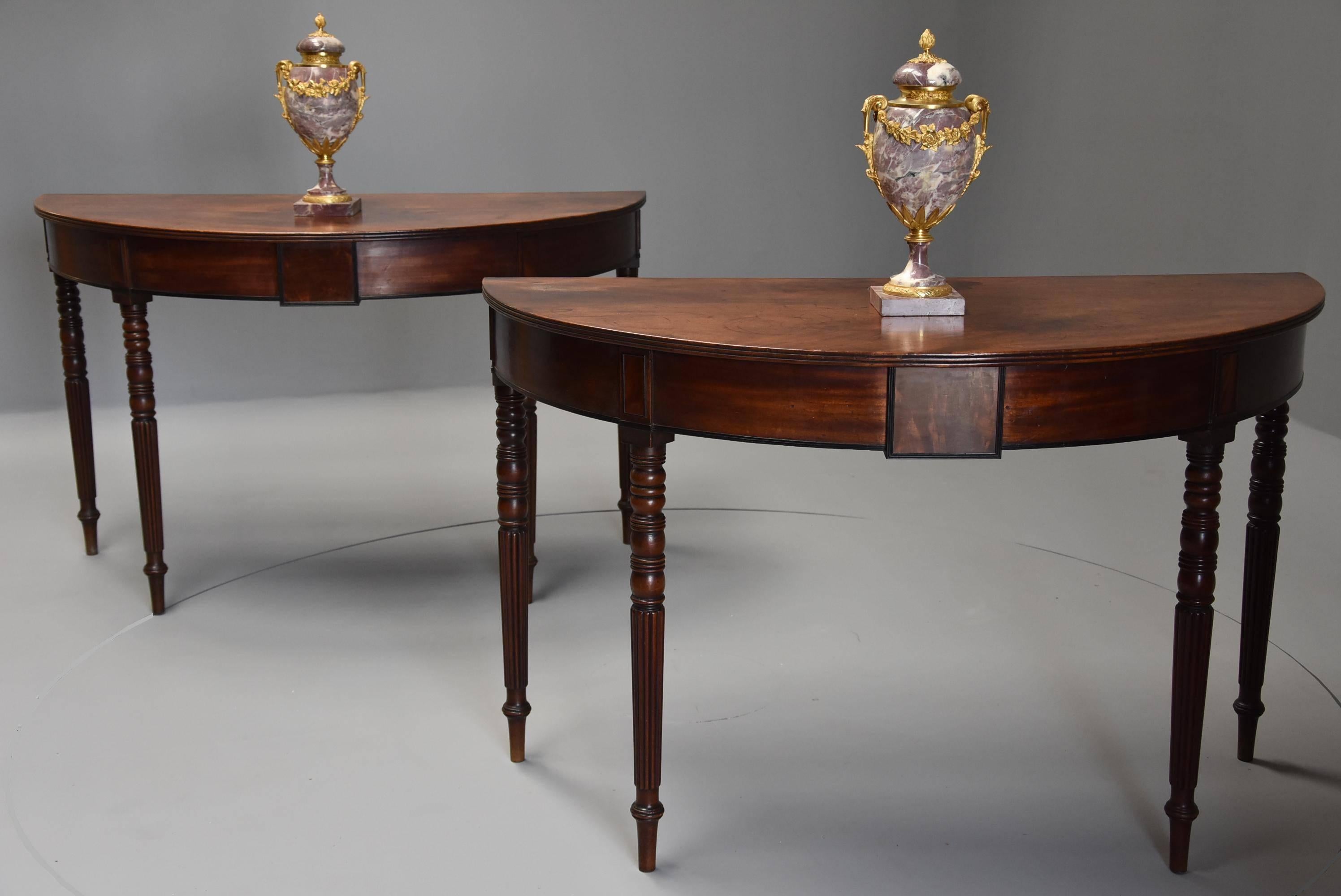Regency Pair of Good Quality Early 19th Century Mahogany Demilune Console Tables