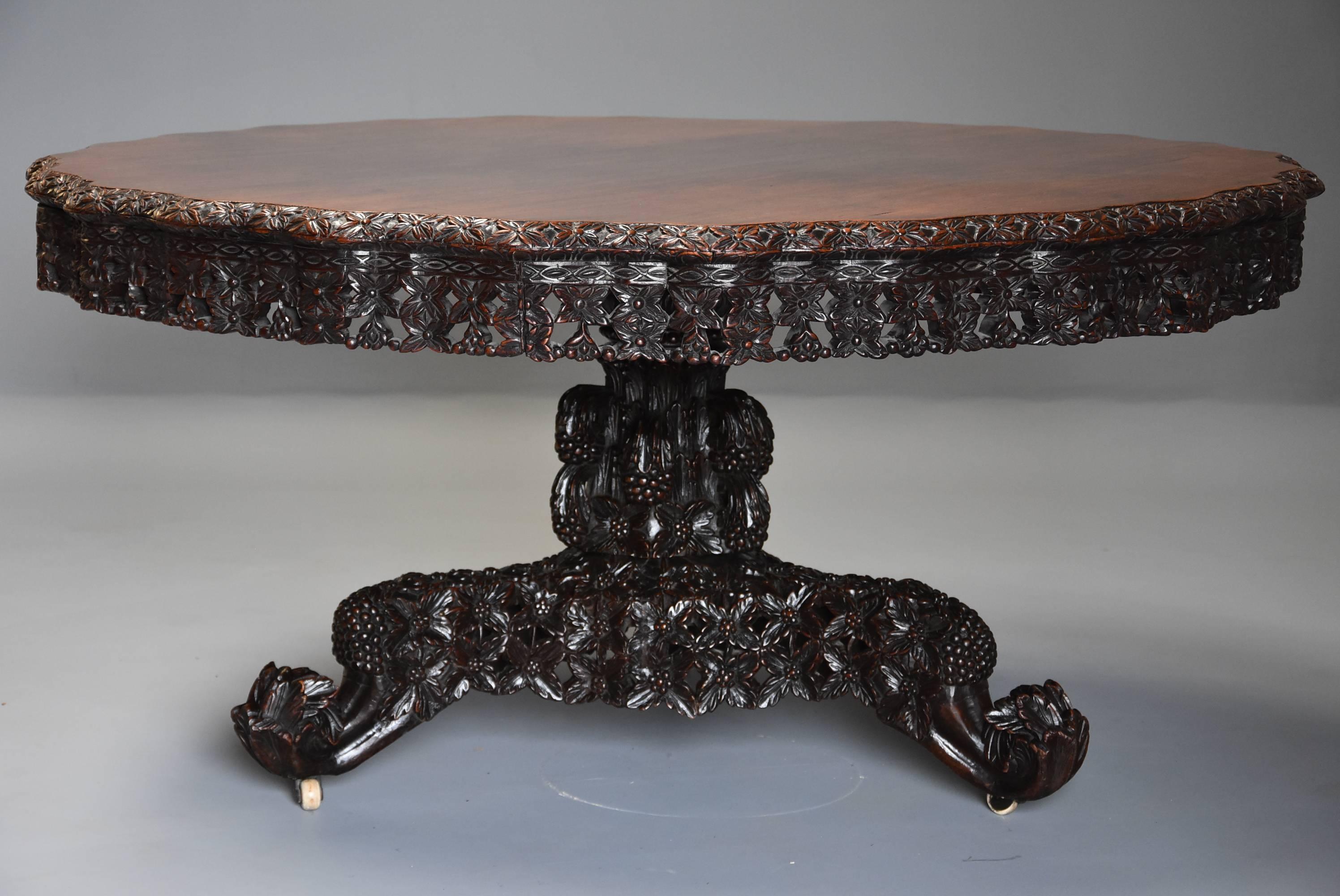 Large 19th Century Highly Decorative Anglo Indian hardwood Centre Table In Good Condition In Suffolk, GB