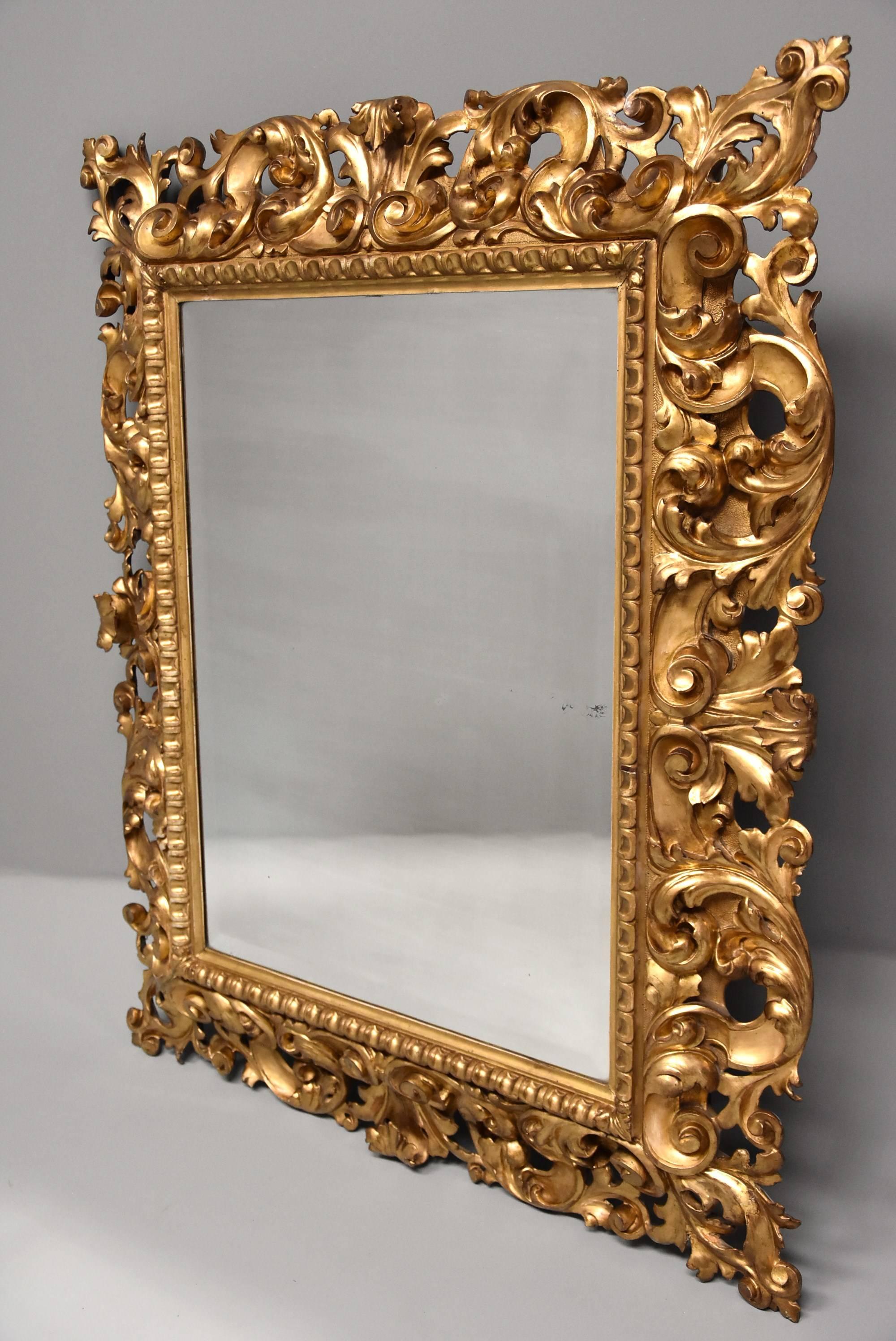 Italian Superb Large Late 19th Century Florentine Carved Giltwood Mirror