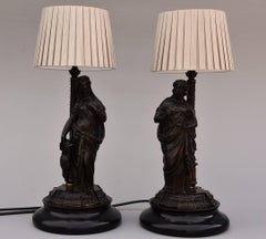 Pair of Bronze Table Lamps in the Form of Classical Grecian Figures