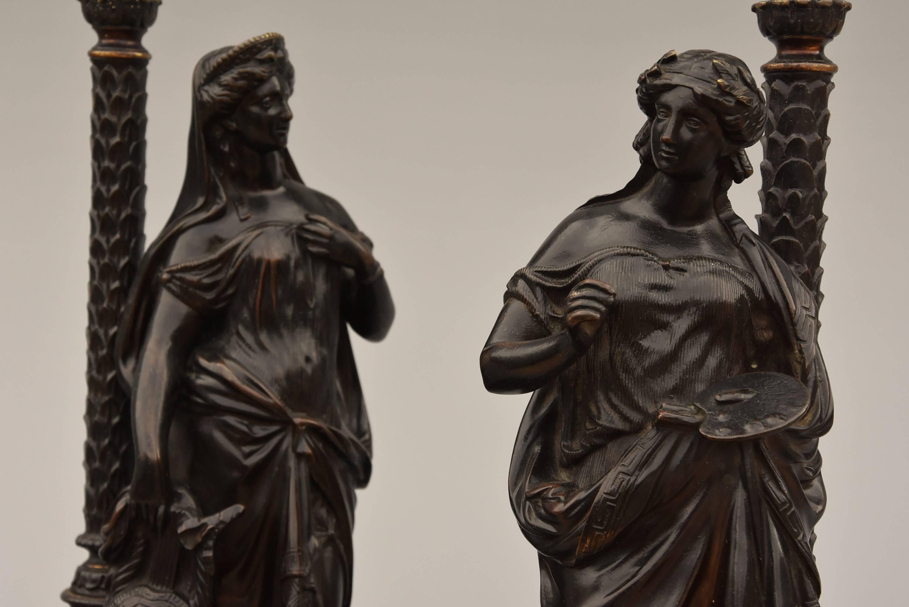 Pair of Bronze Table Lamps in the Form of Classical Grecian Figures In Good Condition For Sale In Suffolk, GB