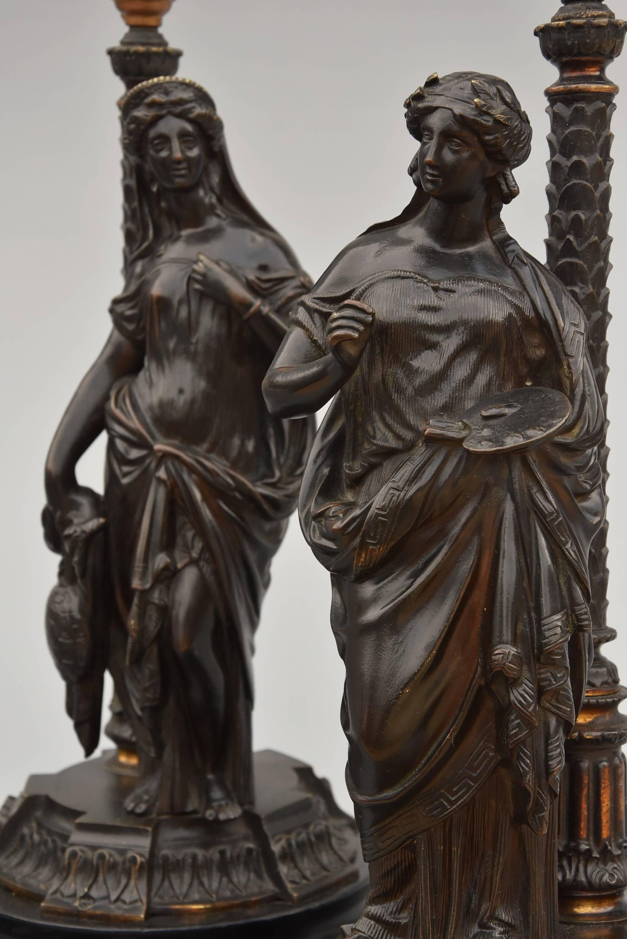 19th Century Pair of Bronze Table Lamps in the Form of Classical Grecian Figures For Sale