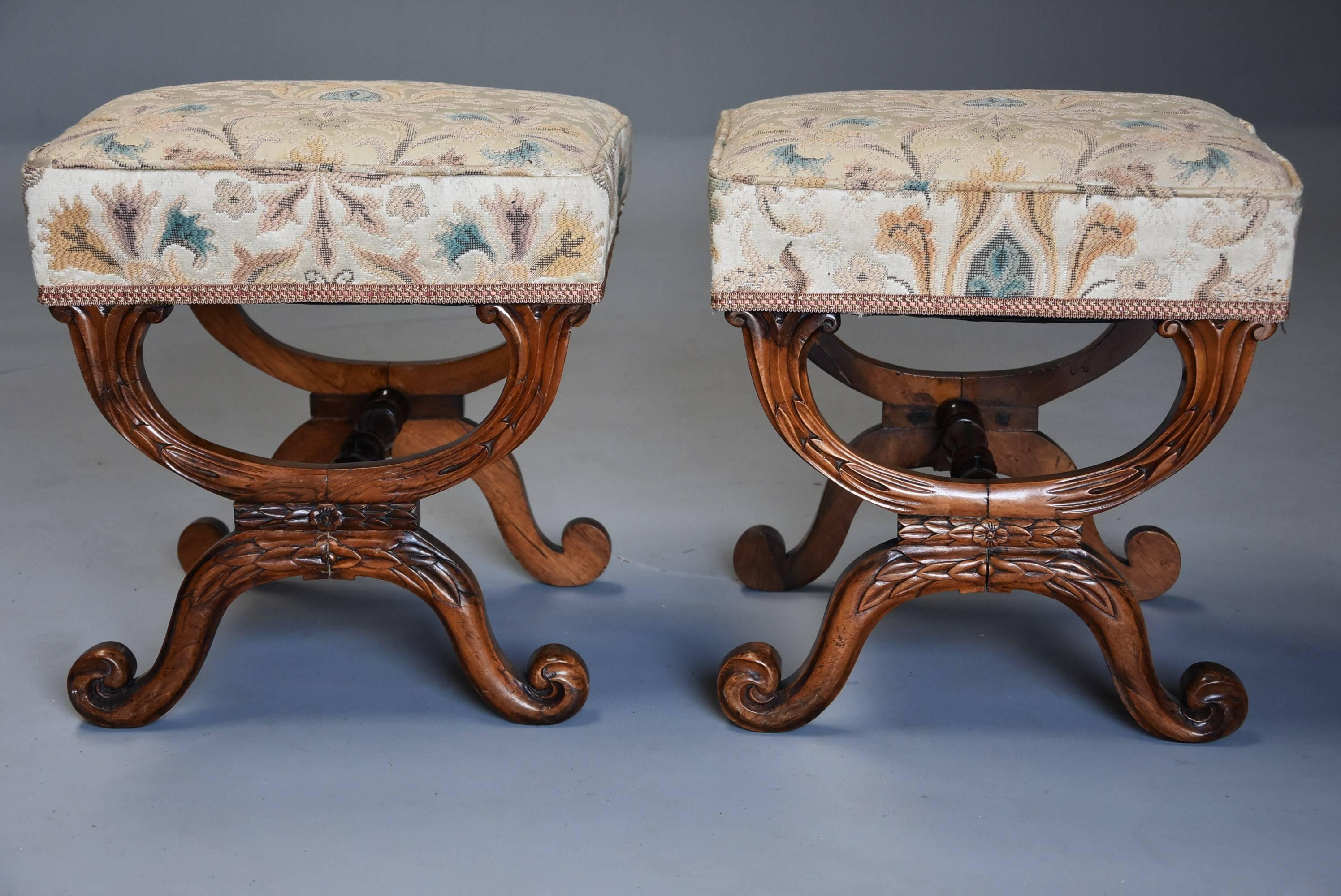 English Pair of 19th Century William IV Rosewood X Frame Upholstered Stools