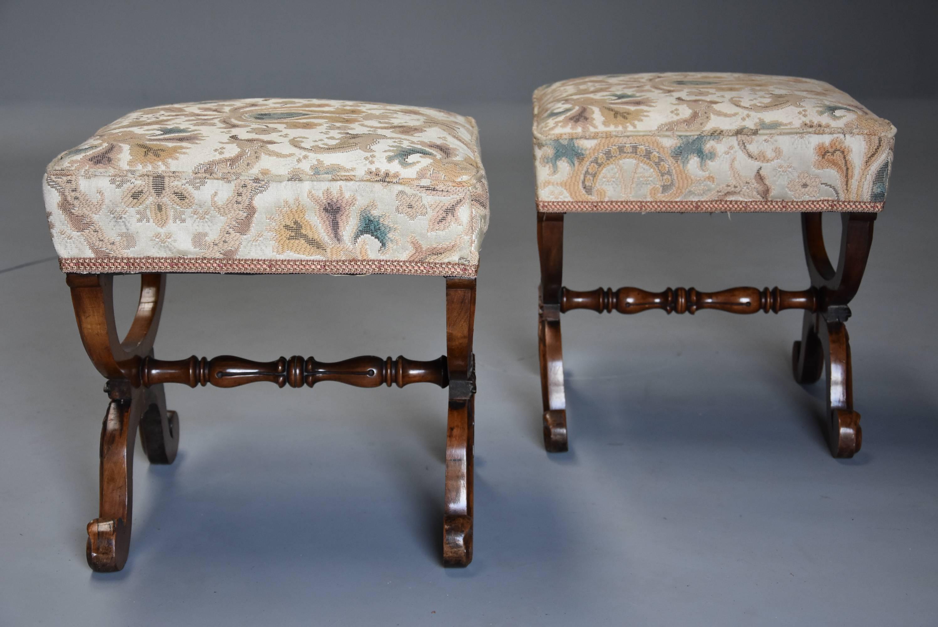 Upholstery Pair of 19th Century William IV Rosewood X Frame Upholstered Stools