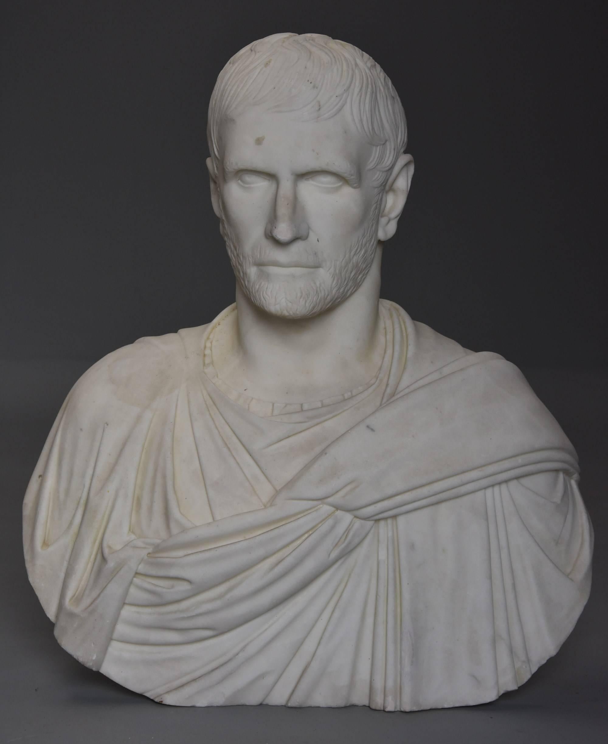 A superb and rare early 19th century larger than life Carrara marble carved bust of a Roman Nobleman, ‘The Capitoline Brutus’, after the antique.

This marble sculpture of ‘The Capitoline Brutus’ is taken from the original ancient Roman bronze