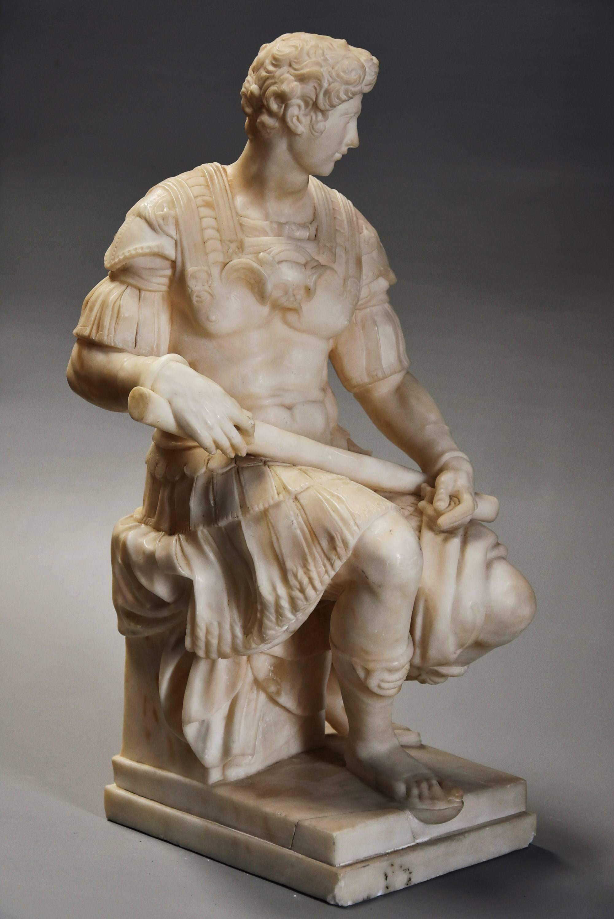 A late 19th century superbly sculpted alabaster figure of Guiliano de Medici, Duke of Nemours (1478-1516), after the antique, the original marble by Michelangelo (1475-1564).

Giuliano de Medici, Duke of Nemours was an Italian nobleman, the