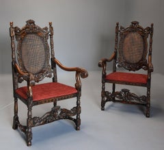 Superb Pair of Early 20th Century Charles II or Carolean Style Walnut Armchairs