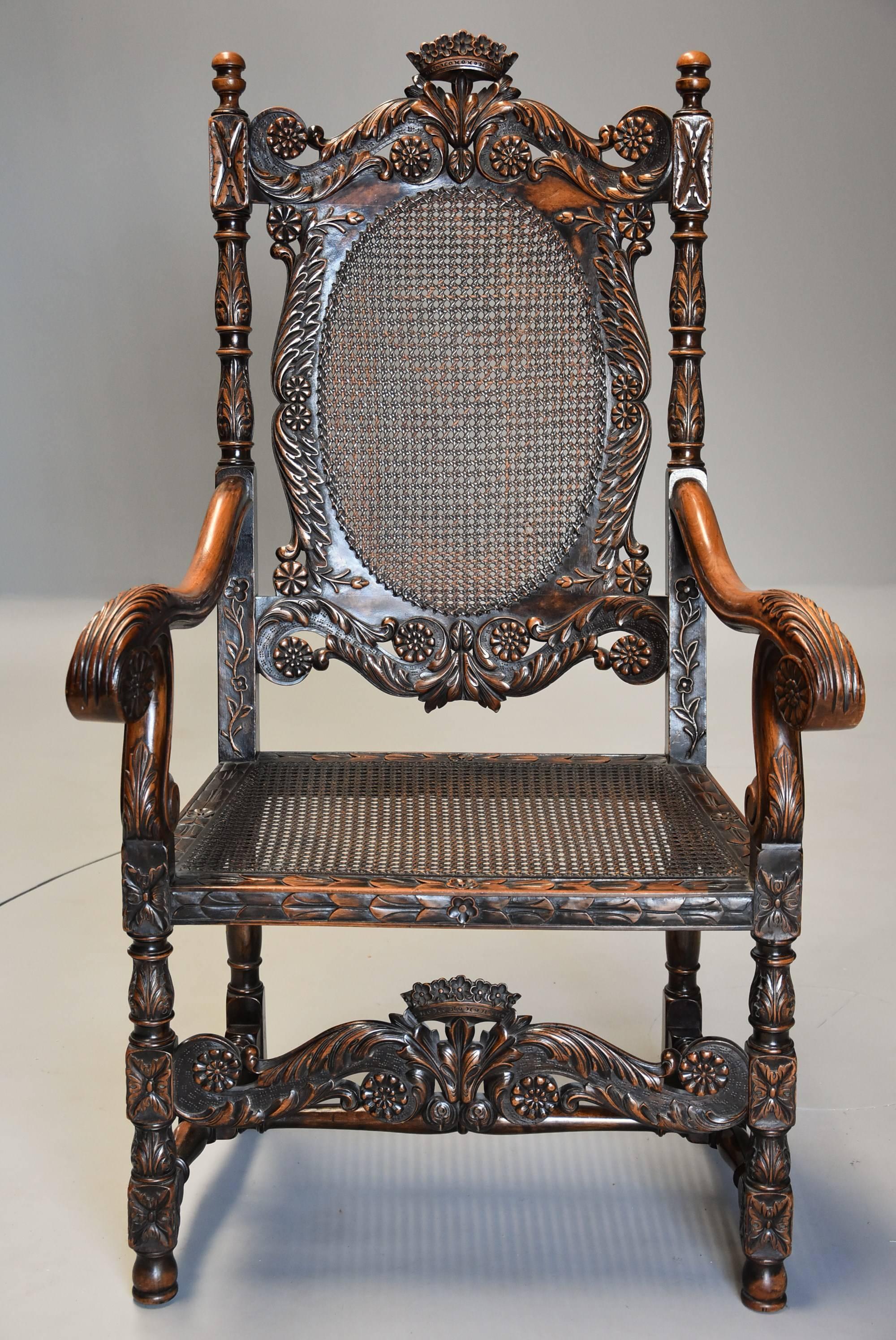 English Superb Pair of Early 20th Century Charles II or Carolean Style Walnut Armchairs For Sale