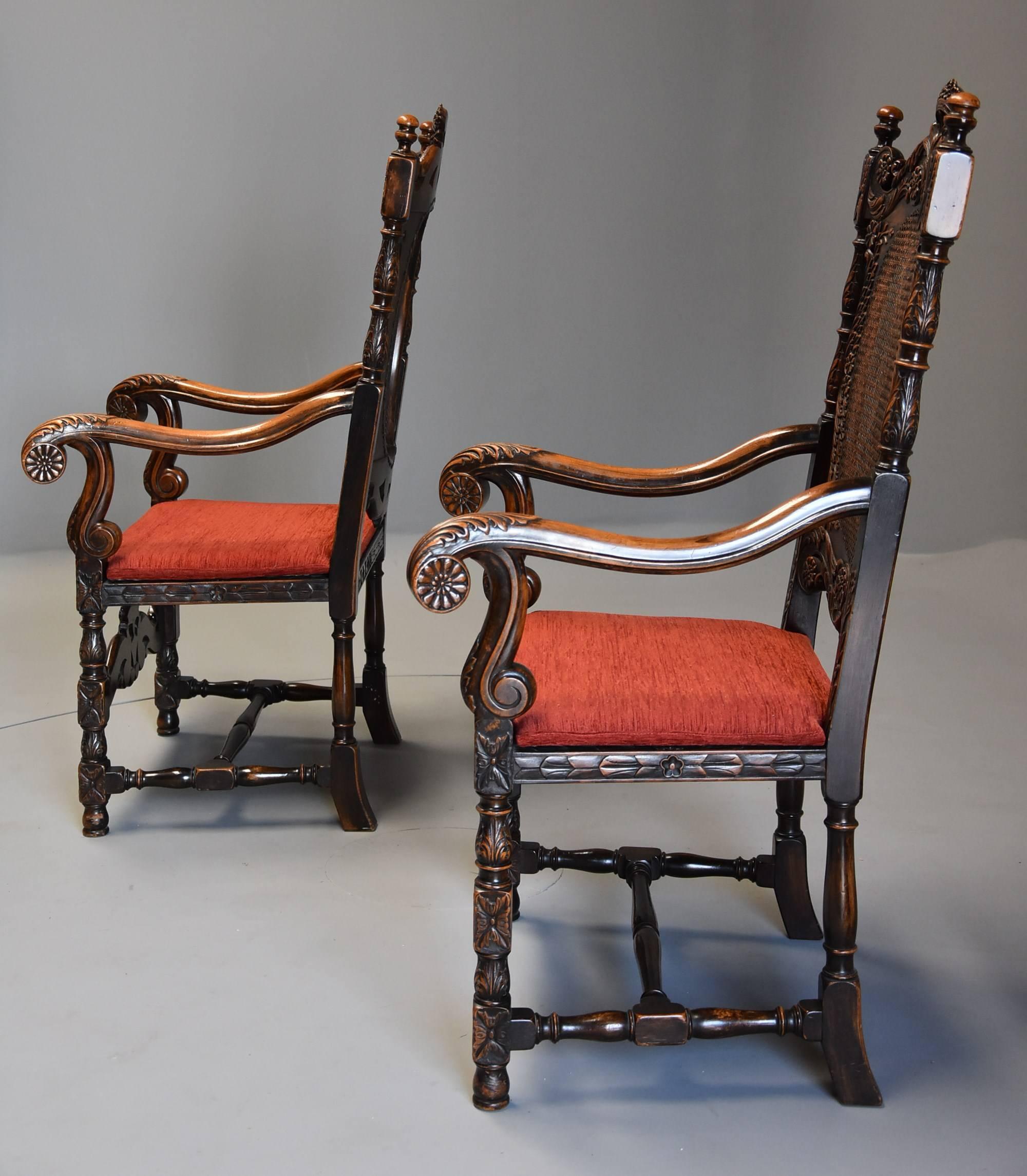 Superb Pair of Early 20th Century Charles II or Carolean Style Walnut Armchairs For Sale 2