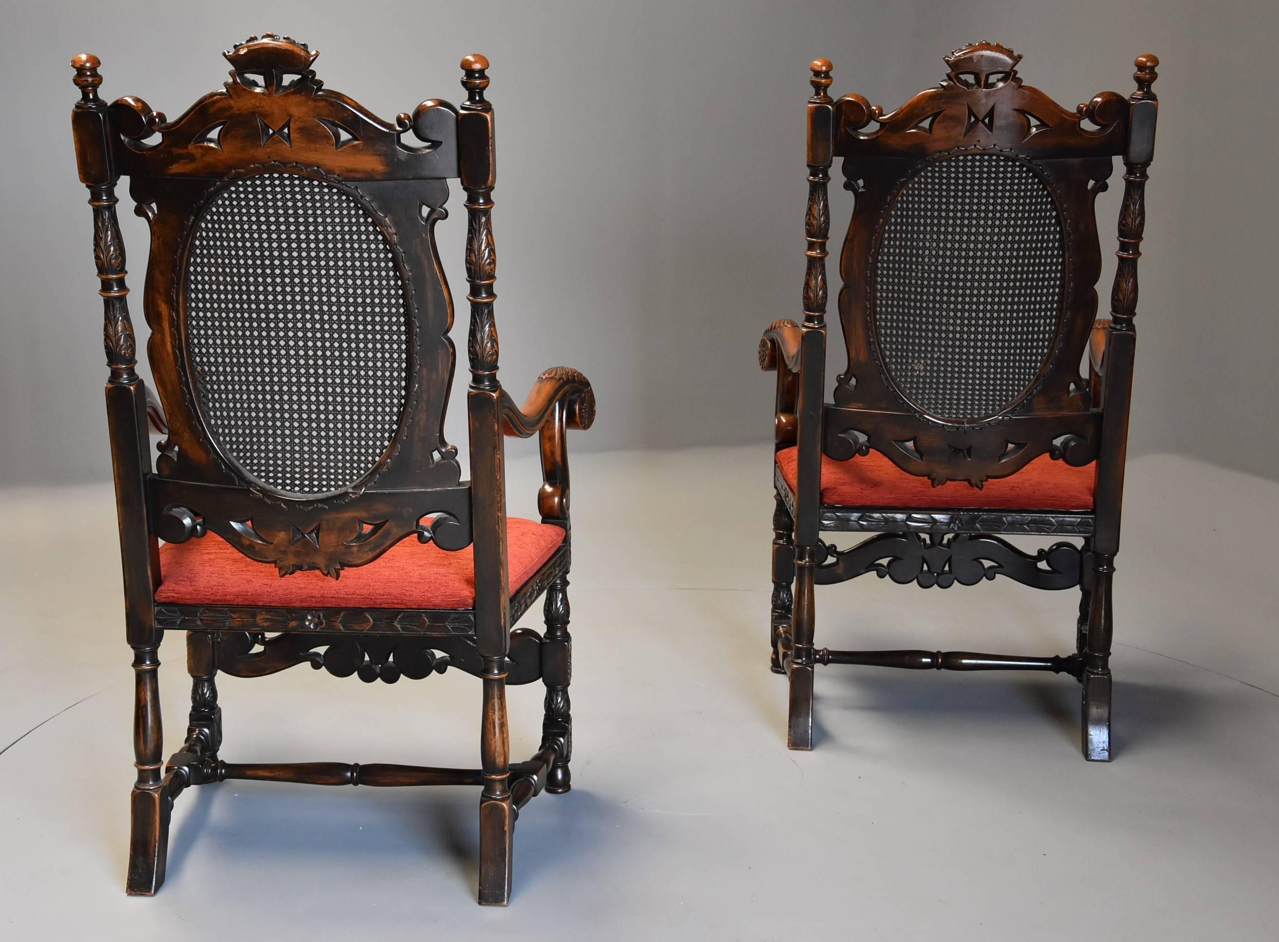 Superb Pair of Early 20th Century Charles II or Carolean Style Walnut Armchairs For Sale 3