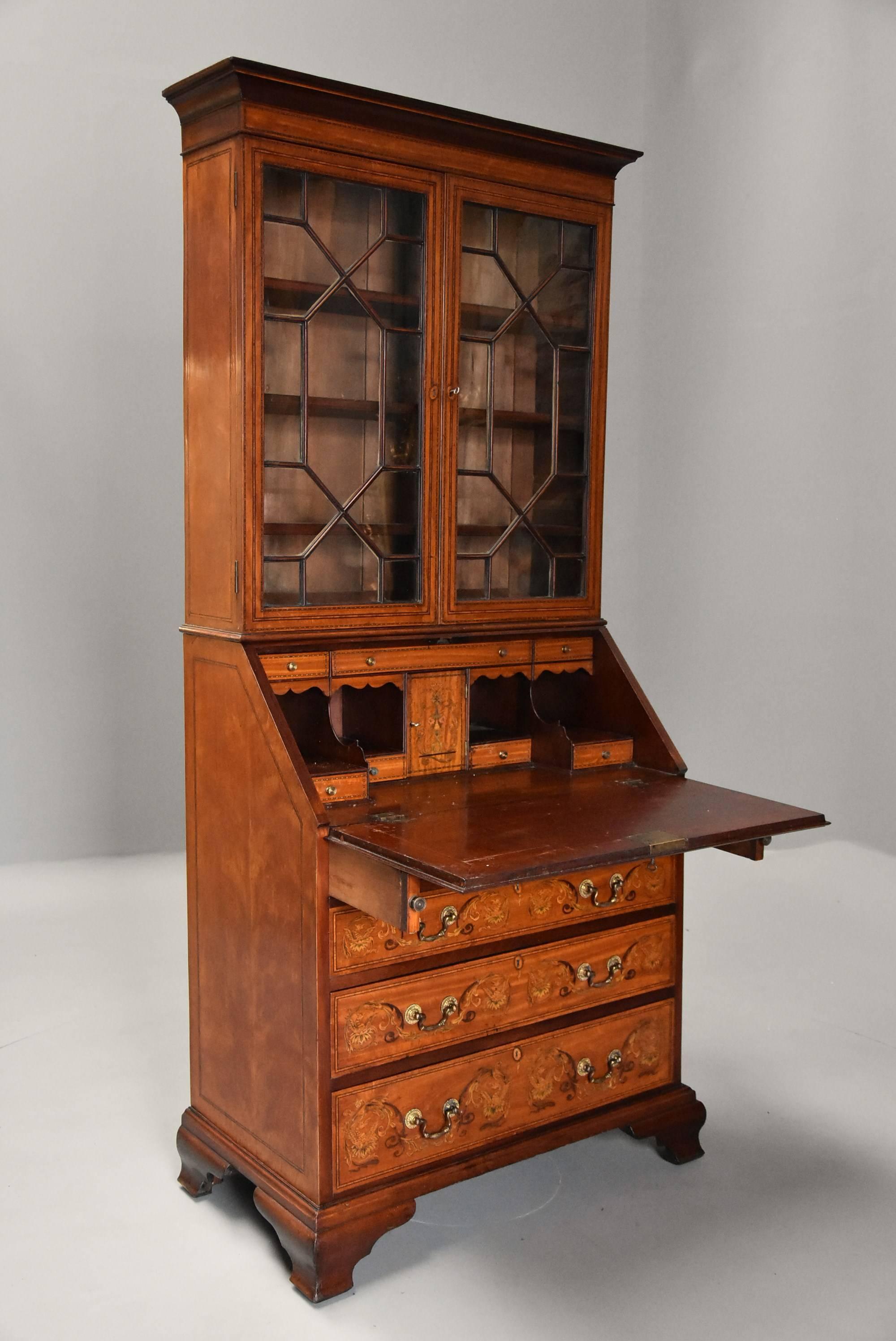 English 19th Century Satinwood, Mahogany and Marquetry Inlaid Bureau Bookcase In Good Condition In Suffolk, GB