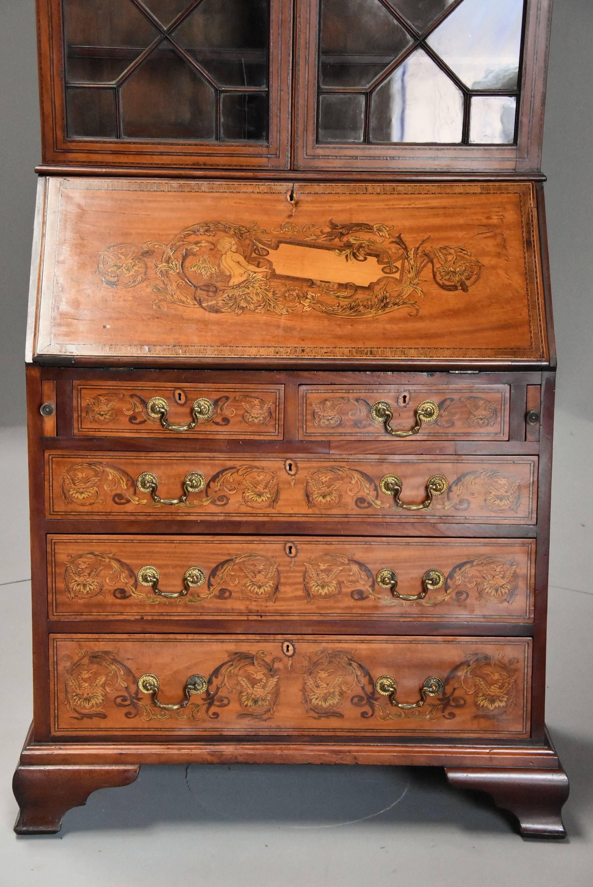 English 19th Century Satinwood, Mahogany and Marquetry Inlaid Bureau Bookcase 1