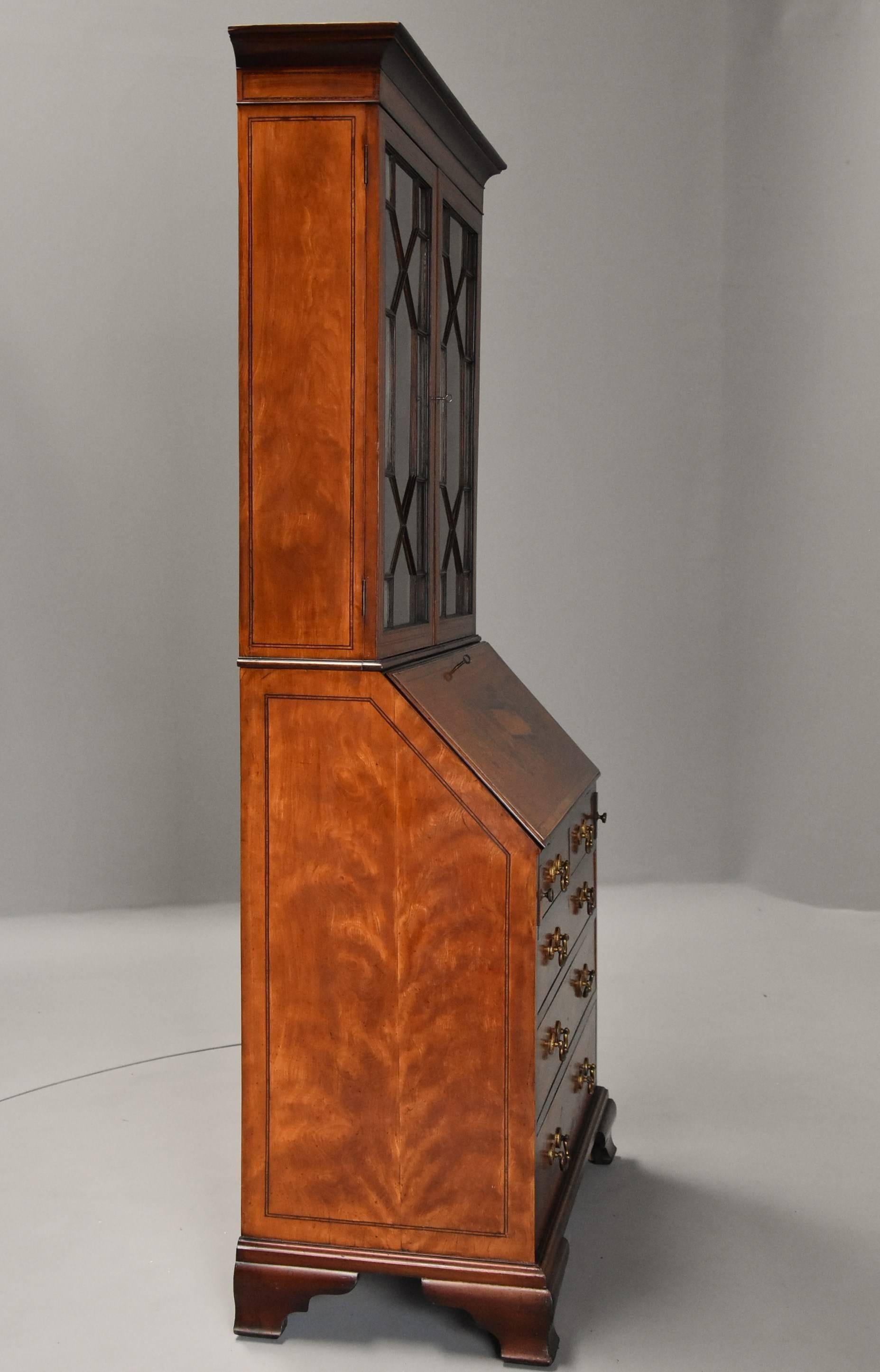 English 19th Century Satinwood, Mahogany and Marquetry Inlaid Bureau Bookcase 2