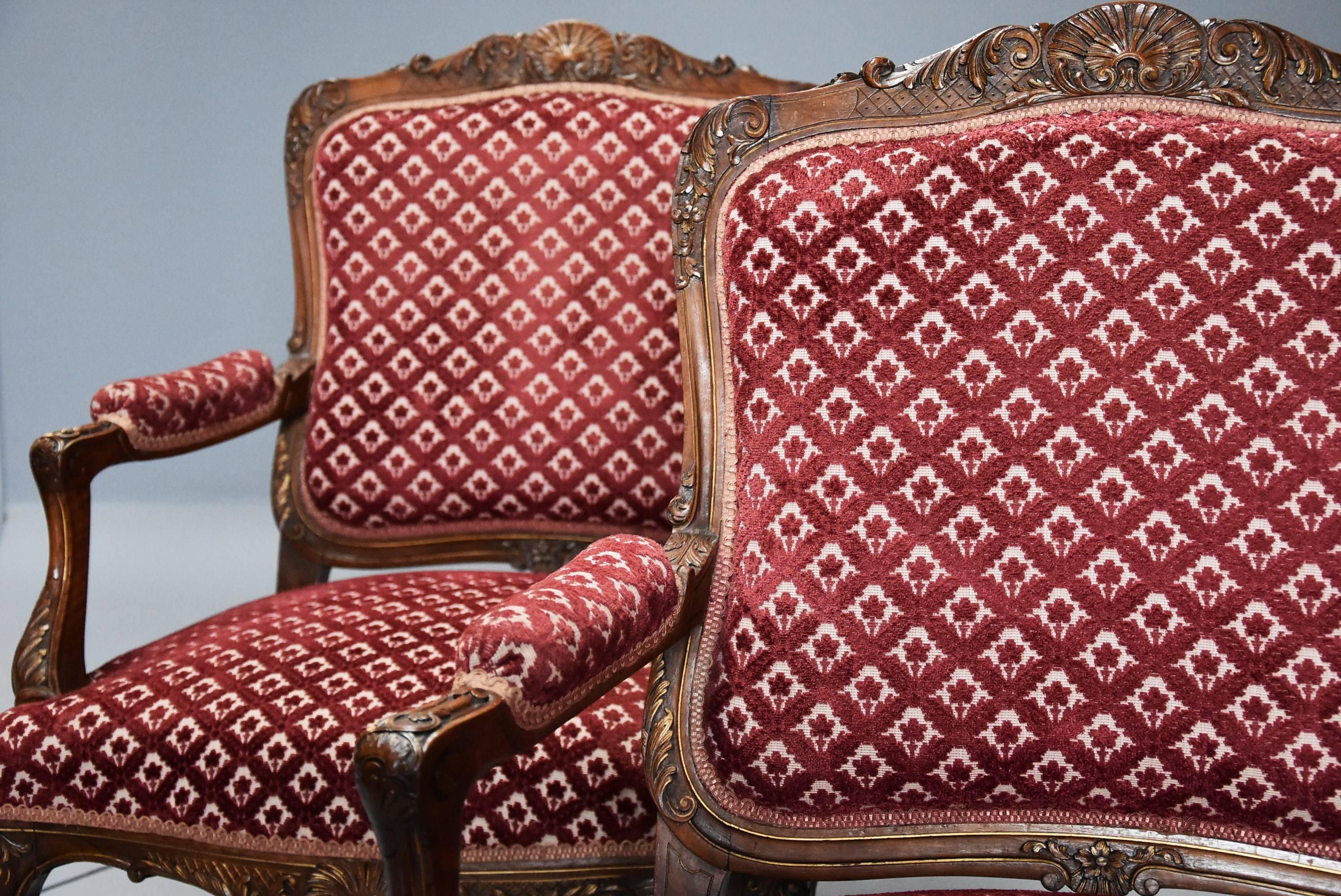 Louis XV Pair of Late 19th Century French Walnut Fauteuils, Open Armchairs in the Louis